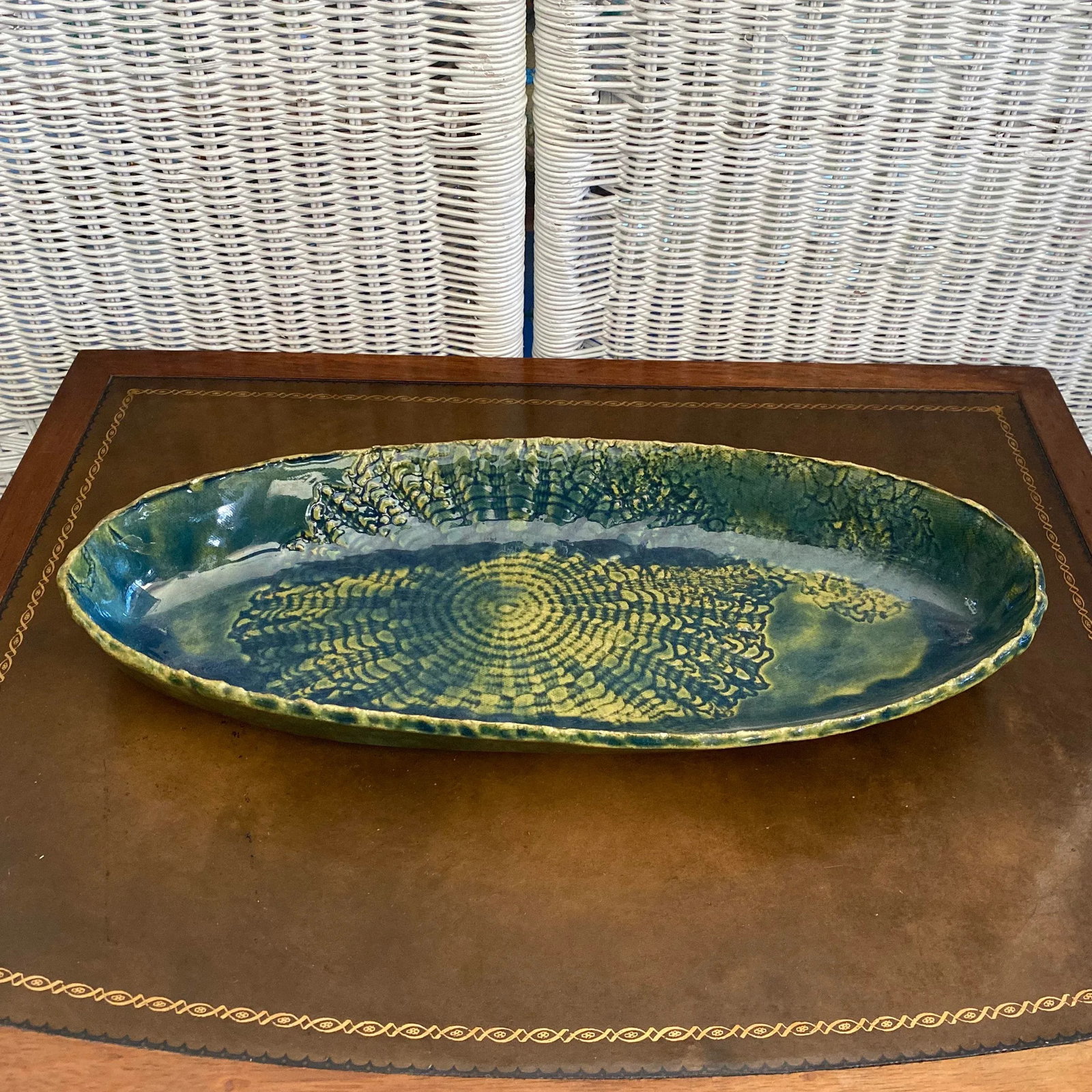 Vintage Blue and Green Serving Bowl - Folk Art Pottery - 2