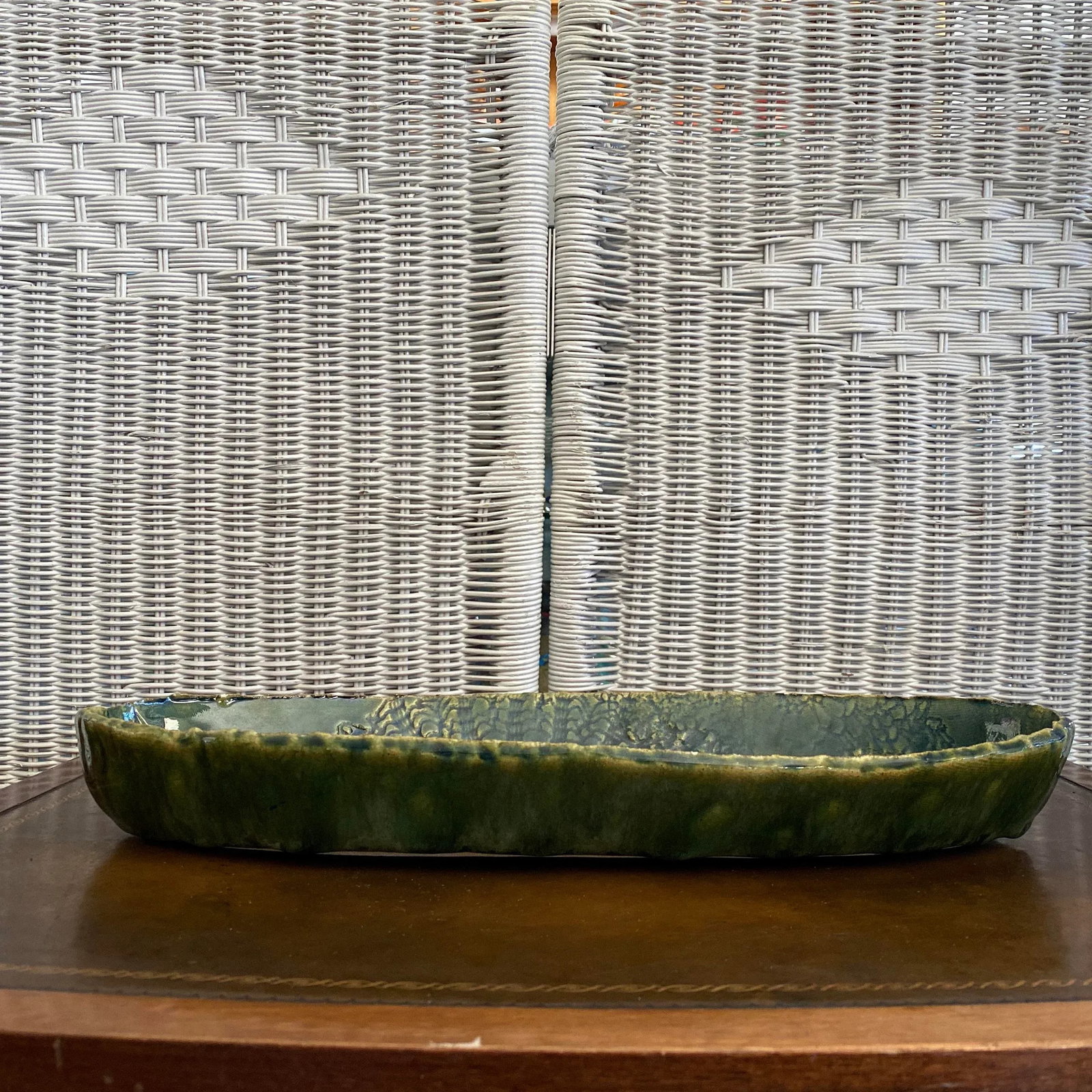 Vintage Blue and Green Serving Bowl - Folk Art Pottery - 3