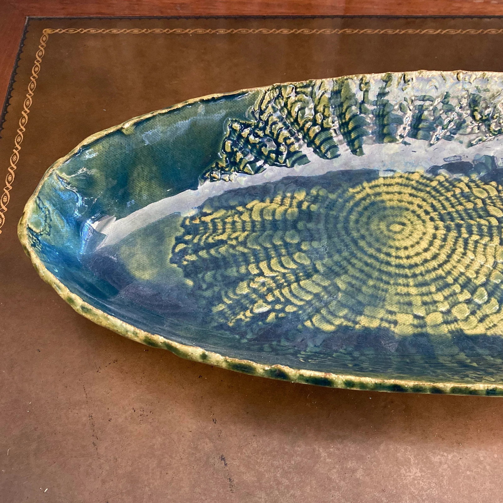 Vintage Blue and Green Serving Bowl - Folk Art Pottery - 4