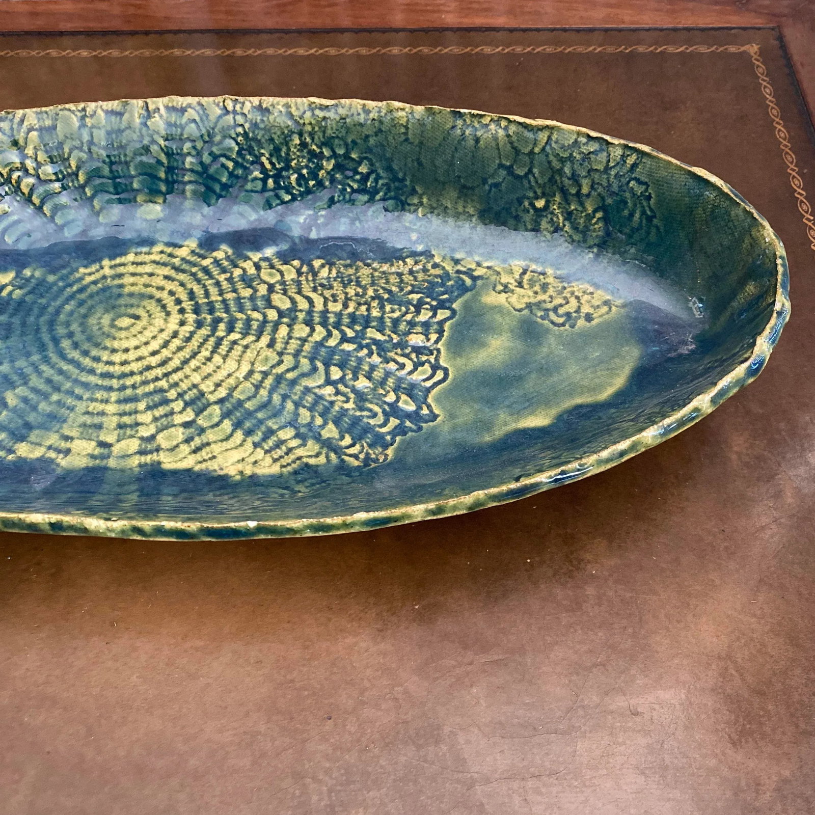 Vintage Blue and Green Serving Bowl - Folk Art Pottery - 5