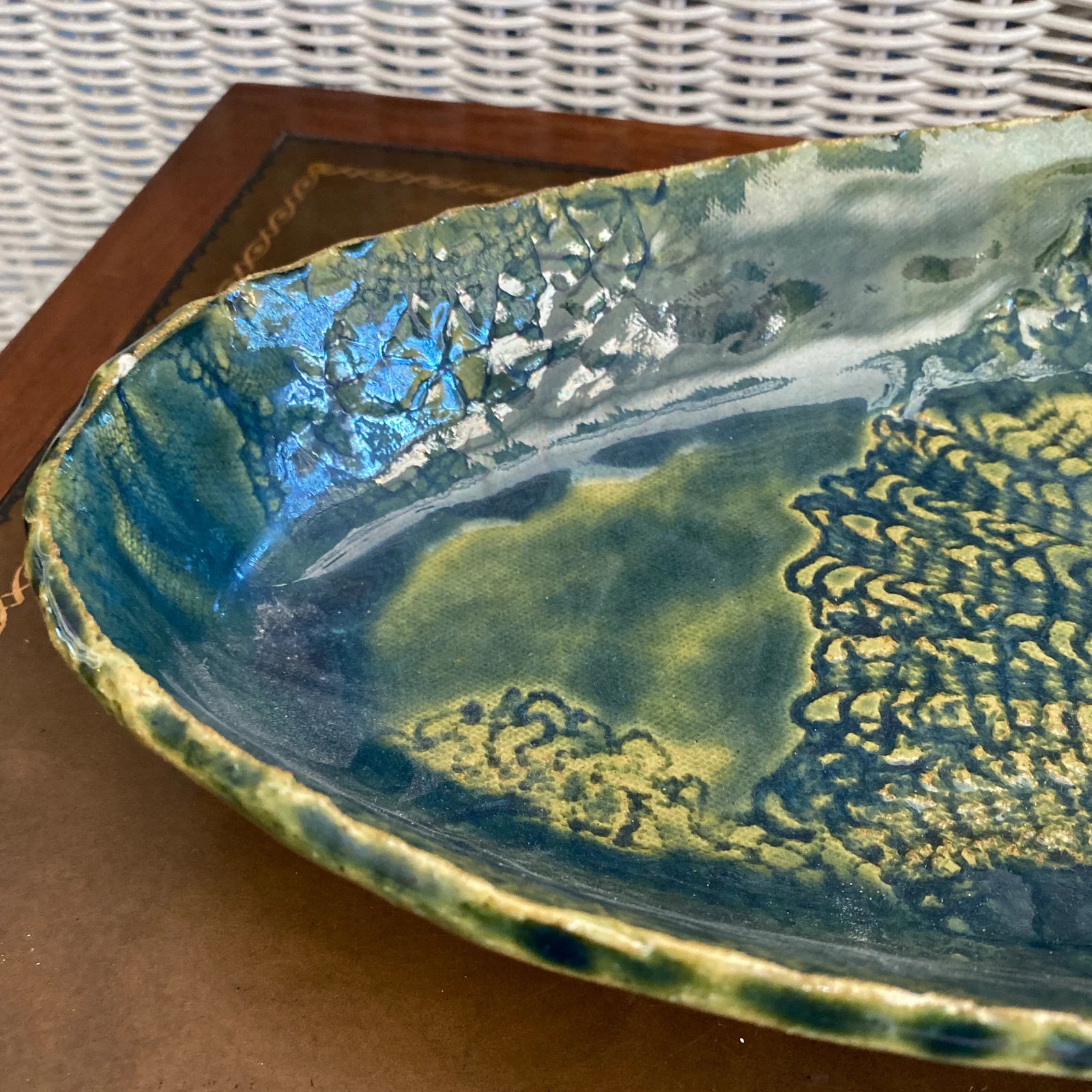 Vintage Blue and Green Serving Bowl - Folk Art Pottery - 7
