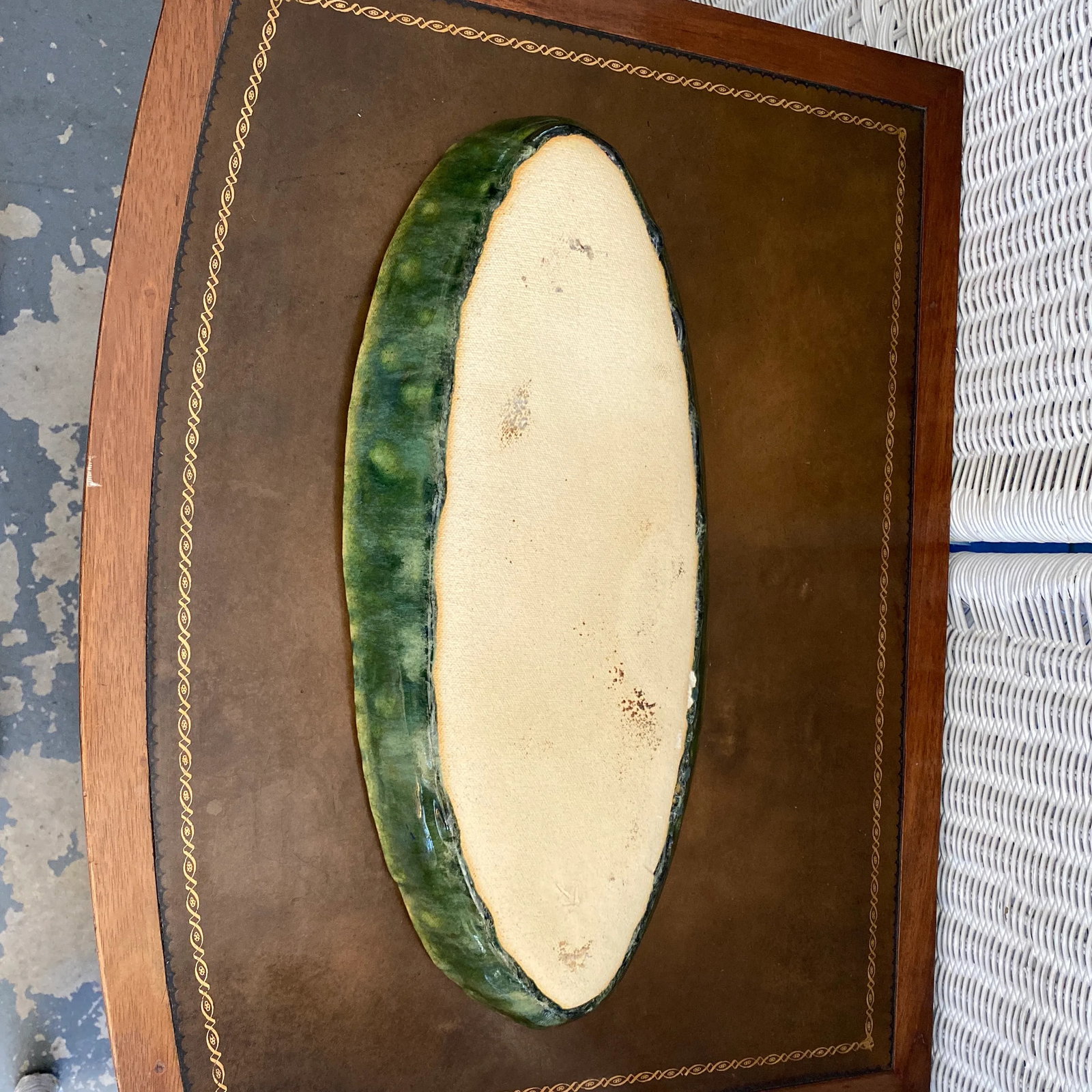 Vintage Blue and Green Serving Bowl - Folk Art Pottery - 8