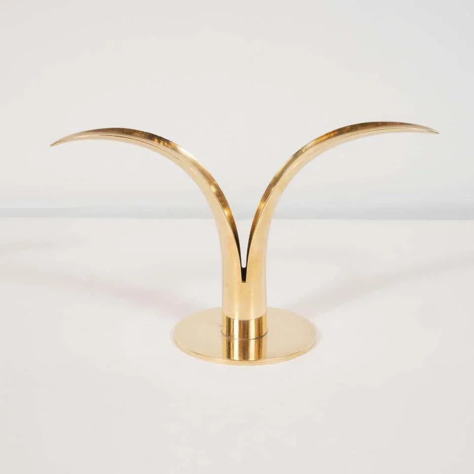Mid-Century Modern Polished Brass Lily Candleholders by Konst of Sweden - a Pair - 2