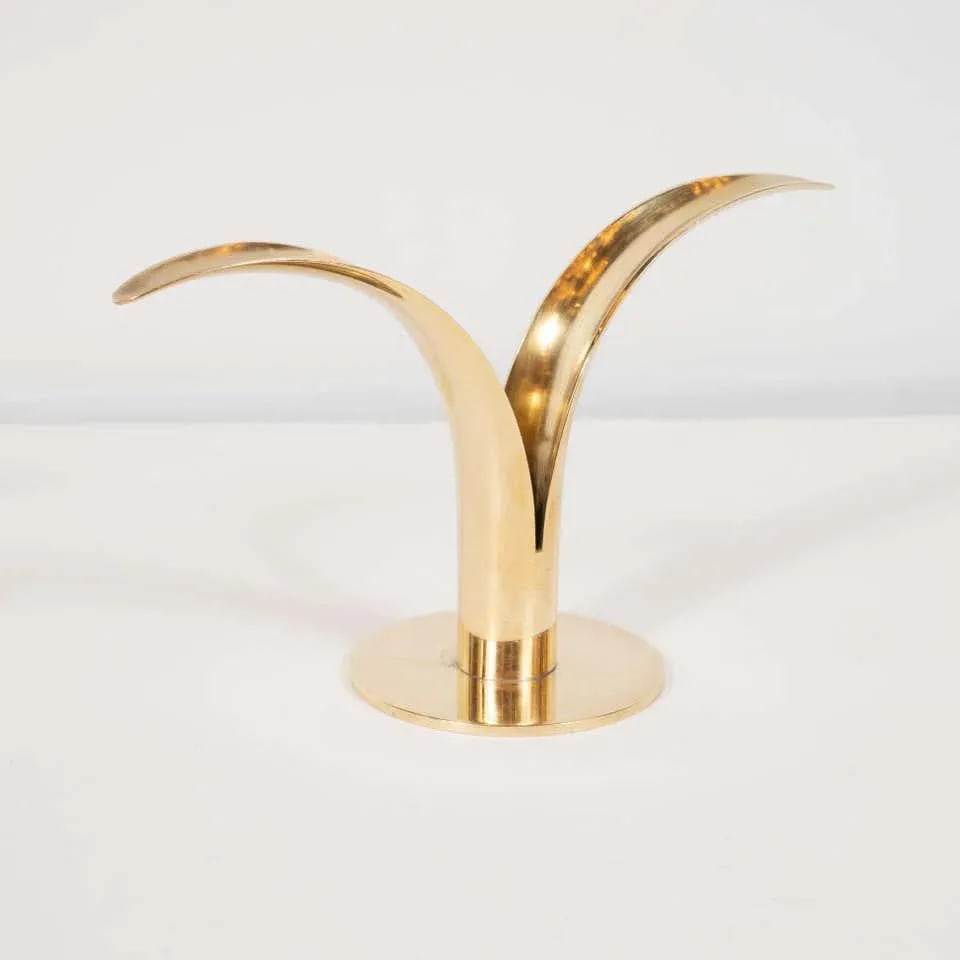 Mid-Century Modern Polished Brass Lily Candleholders by Konst of Sweden - a Pair - 4