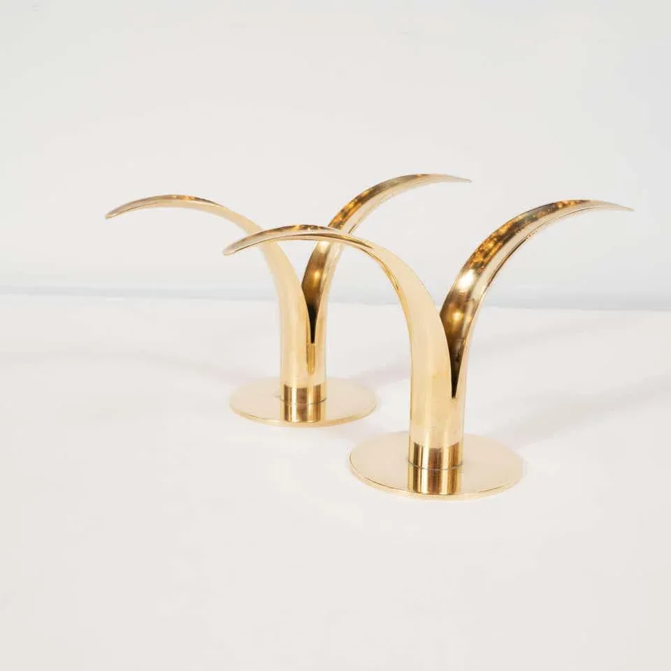 Mid-Century Modern Polished Brass Lily Candleholders by Konst of Sweden - a Pair - 5