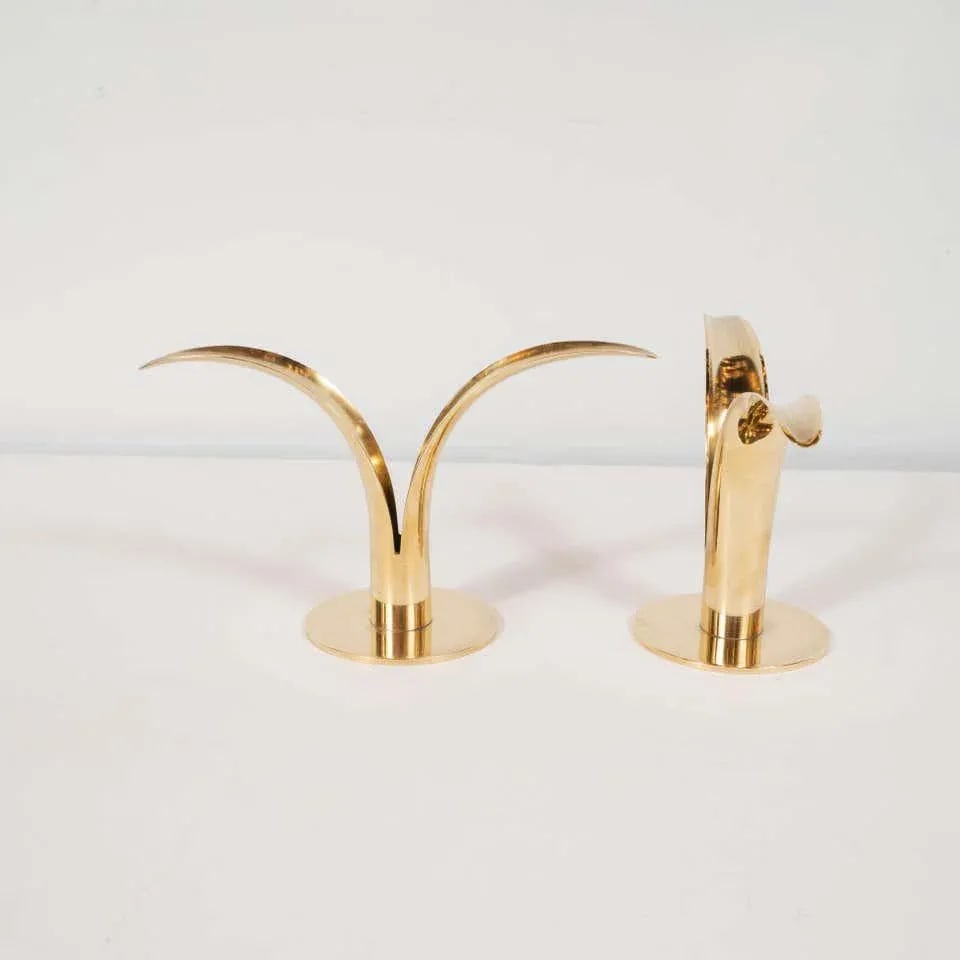 Mid-Century Modern Polished Brass Lily Candleholders by Konst of Sweden - a Pair - 6