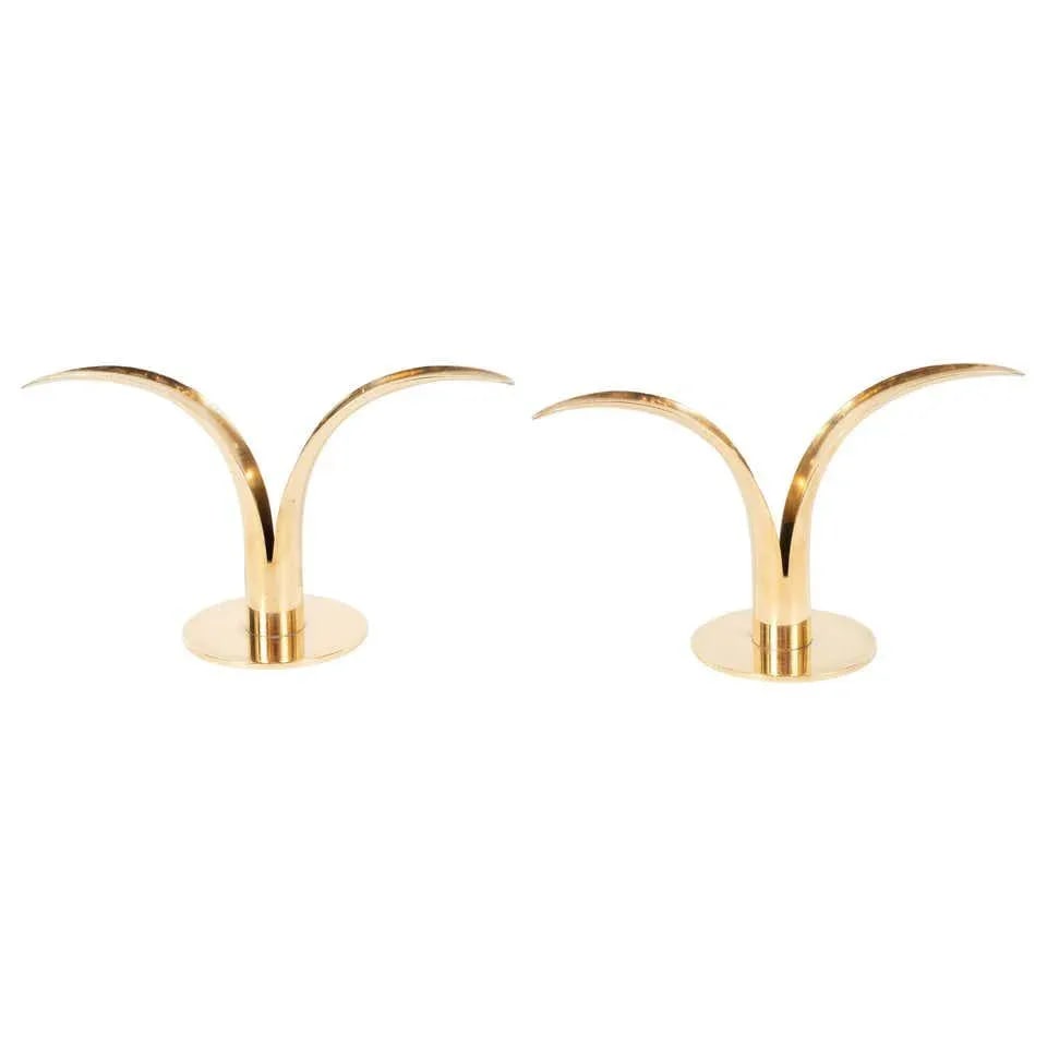 Mid-Century Modern Polished Brass Lily Candleholders by Konst of Sweden - a Pair - 9
