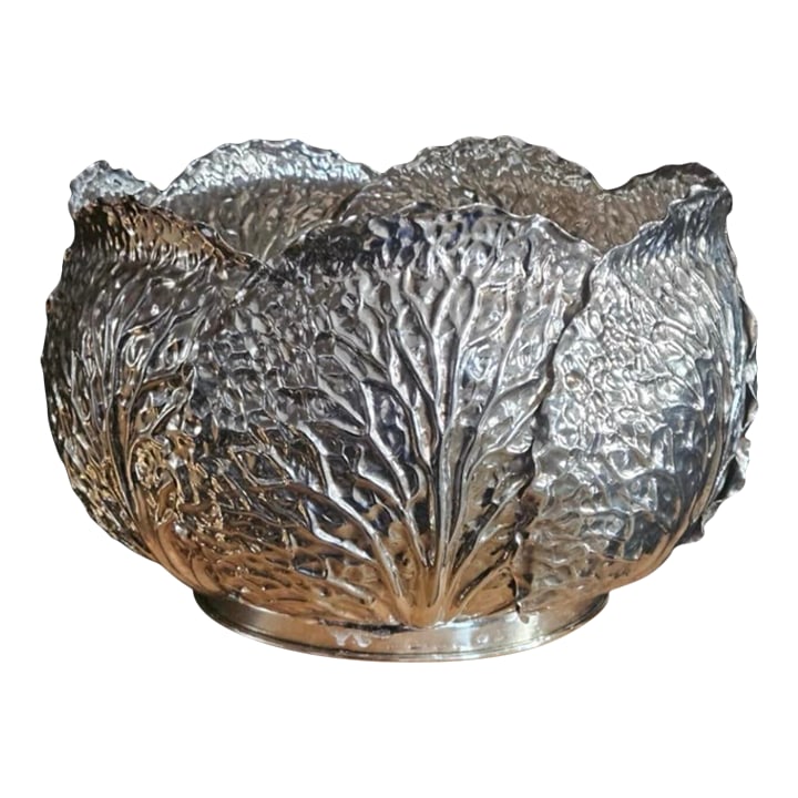 Tiffany & Co. Lg. Sterling Silver Bowl With Leaf Design & Crystal Liner: Impressive and rare, large sterling silver bowl with an artichoke and lettuce leaf pattern. Measures 6.5" high X 9.25" in diameter. Plus, it comes with a crystal liner so when filling it with ice or