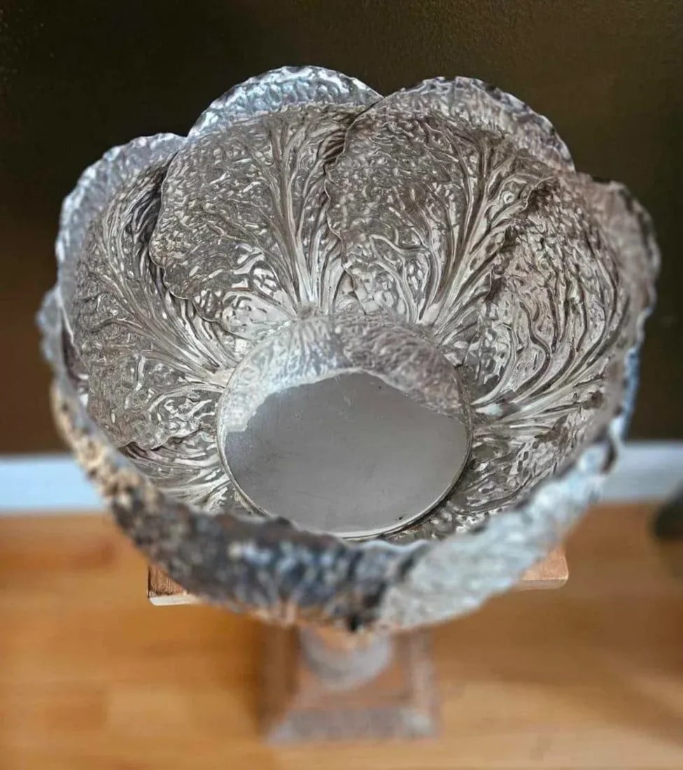 Tiffany & Co. Lg. Sterling Silver Bowl With Leaf Design & Crystal Liner - 3