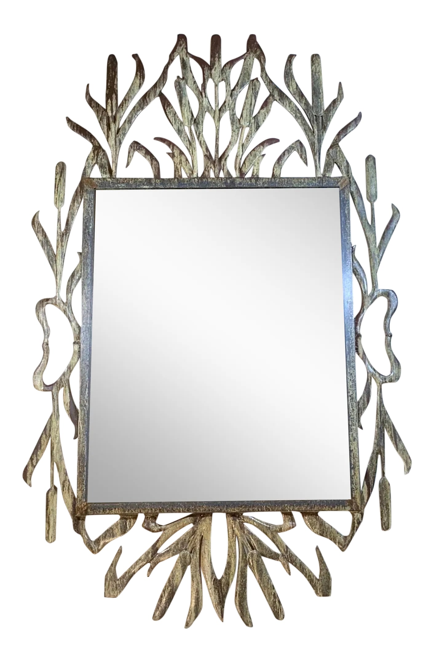 Cat Tail Iron Mirror: Exceptional mirror made of iron, unusual cat tail motif beautifully enhanced patina treated for rust. Beautiful object of art for wall display. Mirror size only: 22".5 x 28".5.] Condition: