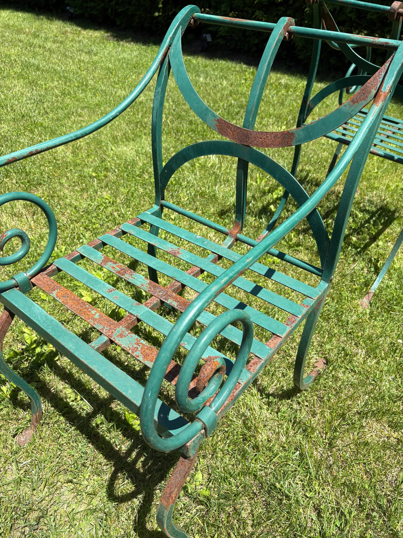 Vintage Hand Forged Scrolled Iron Outdoor Bench and Chair Set- A Set of 3 - 10