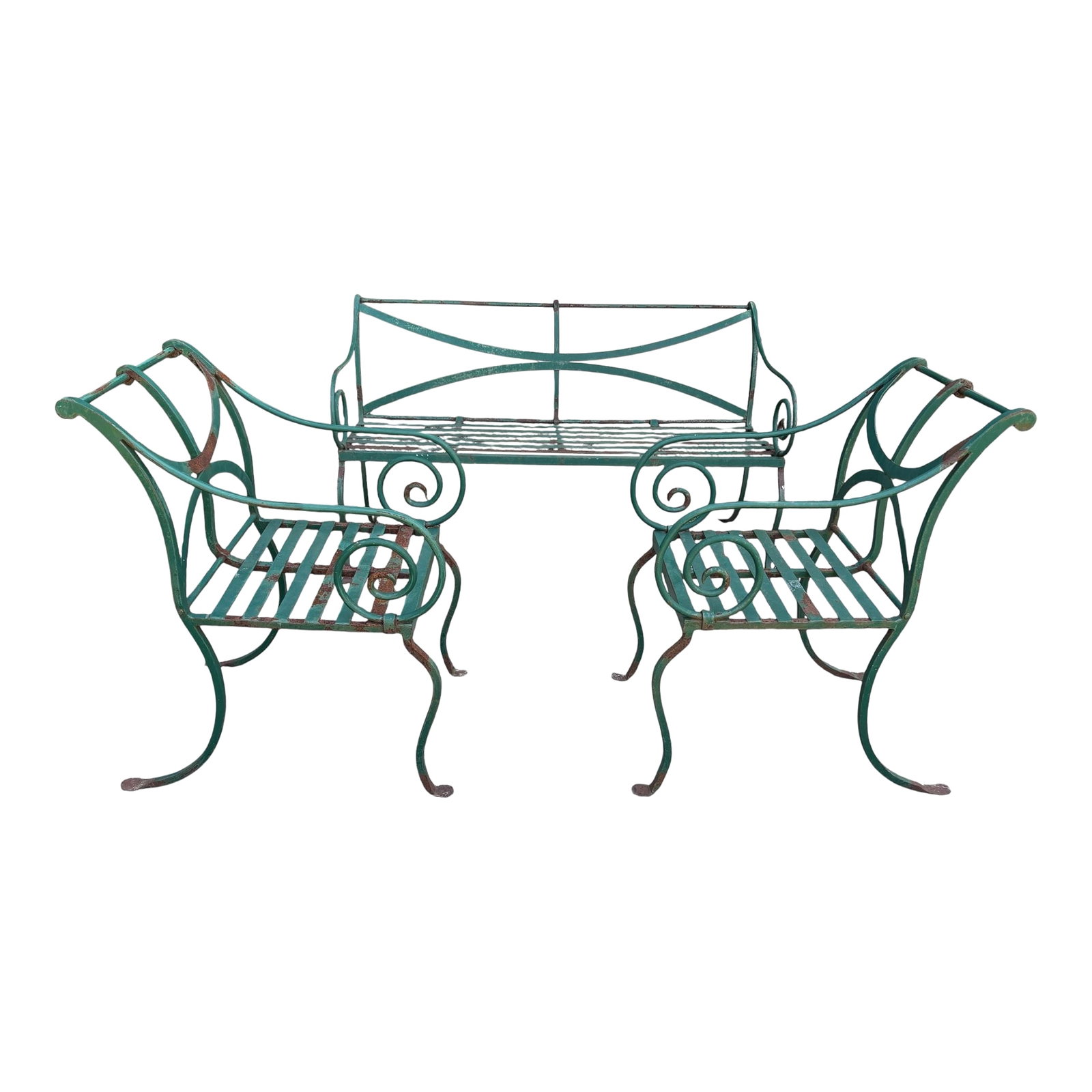 Vintage Hand Forged Scrolled Iron Outdoor Bench and Chair Set- A Set of 3: Stunning vintage iron outdoor bench and chair set. The iron is very heavy solid pieces that had been sprayed green in the past. Magnificent scrolled arms on the bench and two seats. Over exaggerated