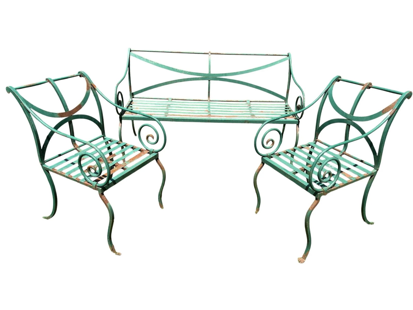 Vintage Hand Forged Scrolled Iron Outdoor Bench and Chair Set- A Set of 3 - 3