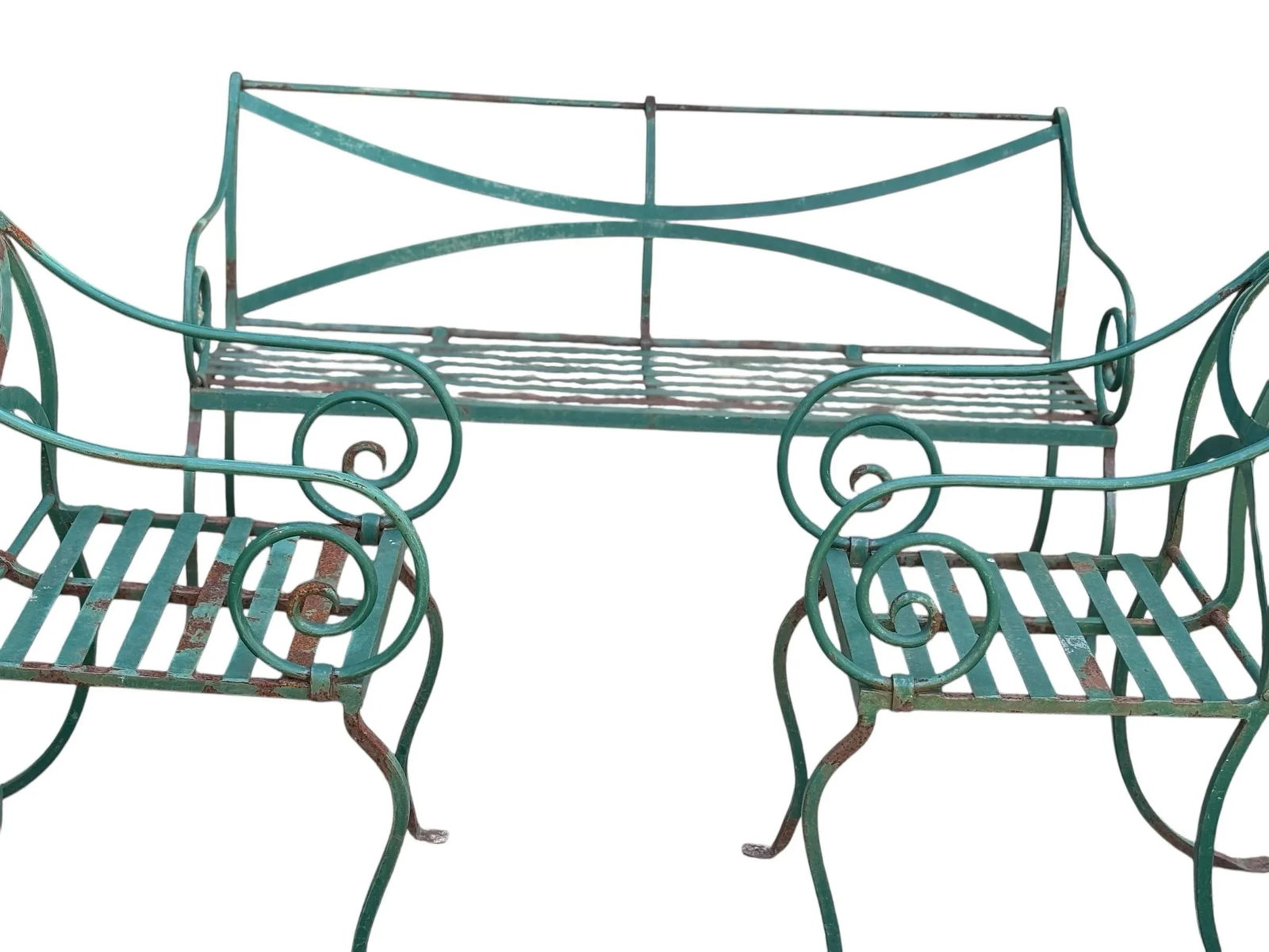 Vintage Hand Forged Scrolled Iron Outdoor Bench and Chair Set- A Set of 3 - 4