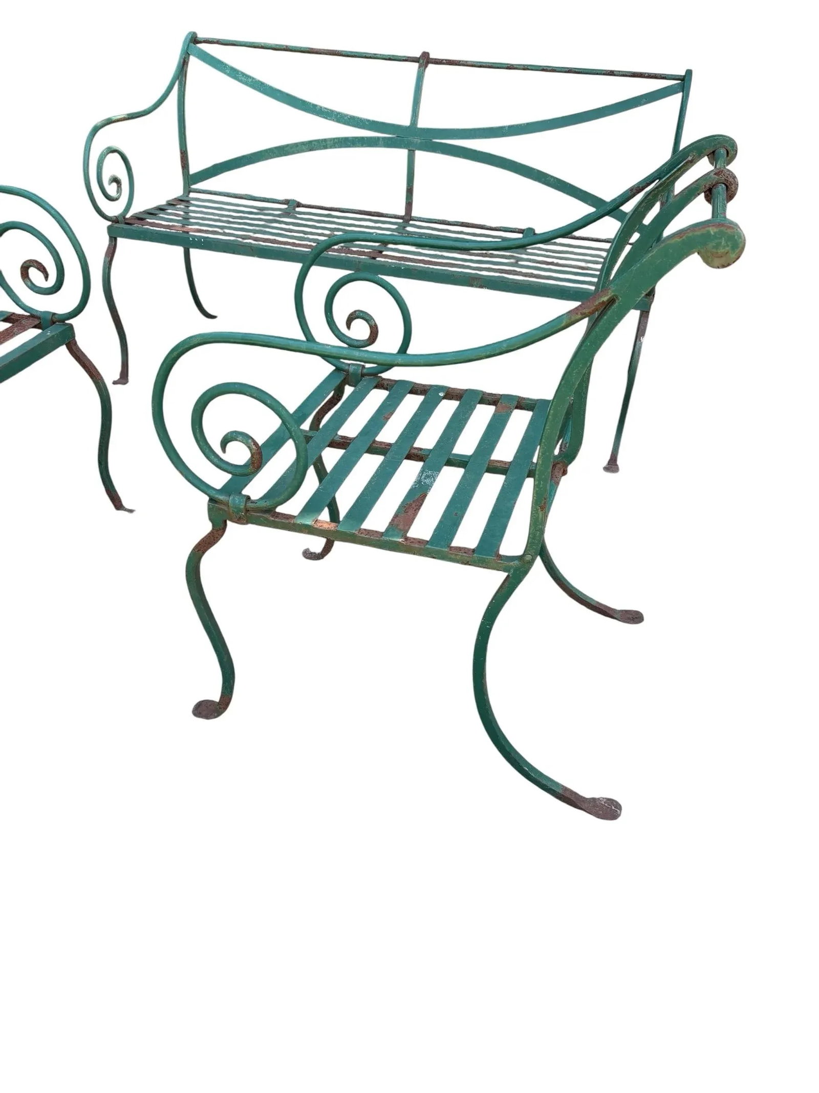 Vintage Hand Forged Scrolled Iron Outdoor Bench and Chair Set- A Set of 3 - 9