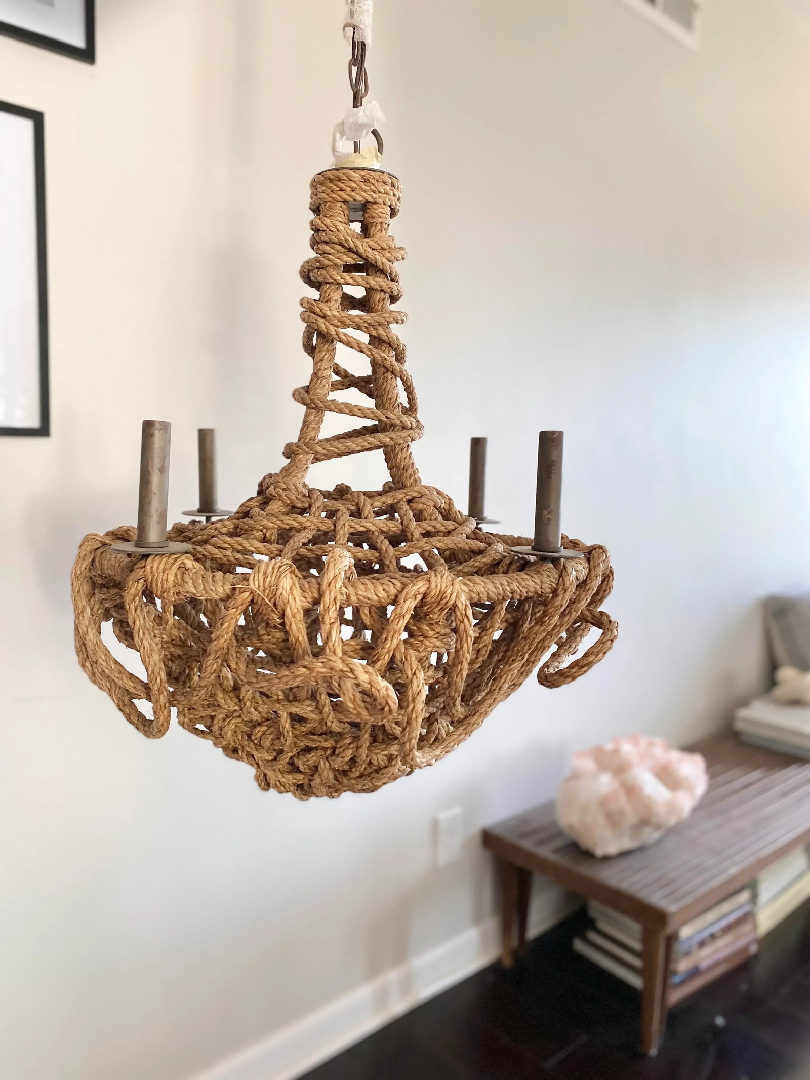 Modern Organic Boho Lazlo Chandelier by Made Goods With Textured Draped Rope Details and Four Lights - 2