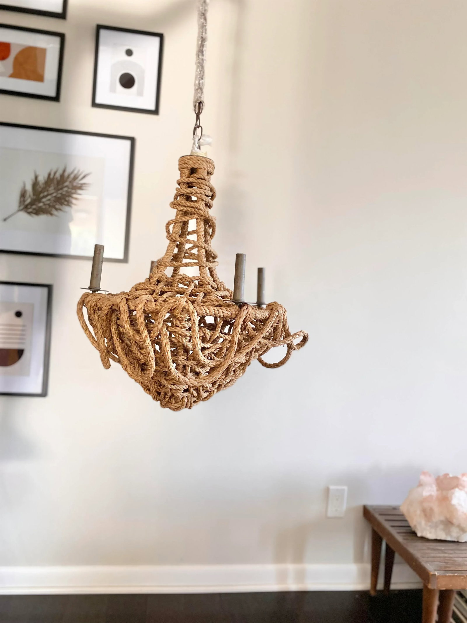 Modern Organic Boho Lazlo Chandelier by Made Goods With Textured Draped Rope Details and Four Lights - 3
