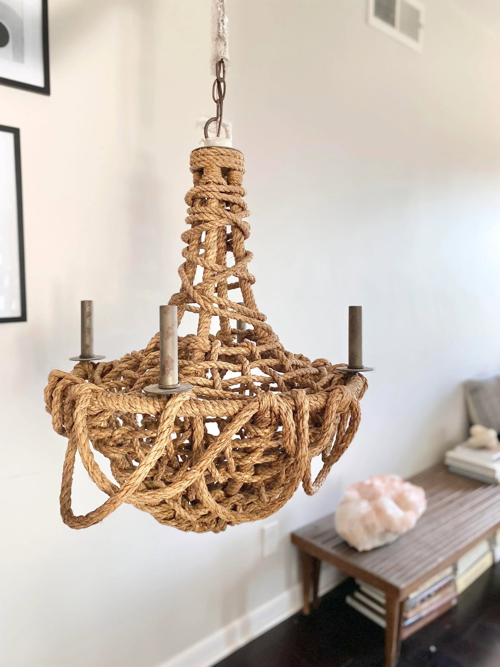 Modern Organic Boho Lazlo Chandelier by Made Goods With Textured Draped Rope Details and Four Lights - 4