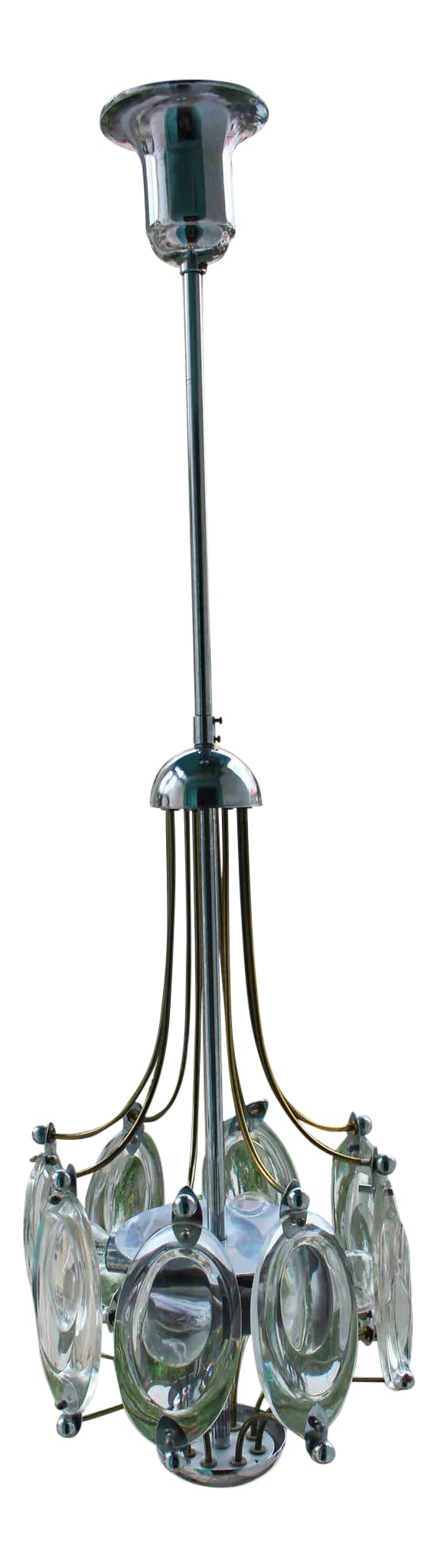 Art Deco Chandelier: Art Deco Italian chandelier ,Brass and nickel base Murano glass pendants Condition: Alterations: Unknown Imperfections: Some Imperfections Condition Notes: Good Wear consistent with age and use.