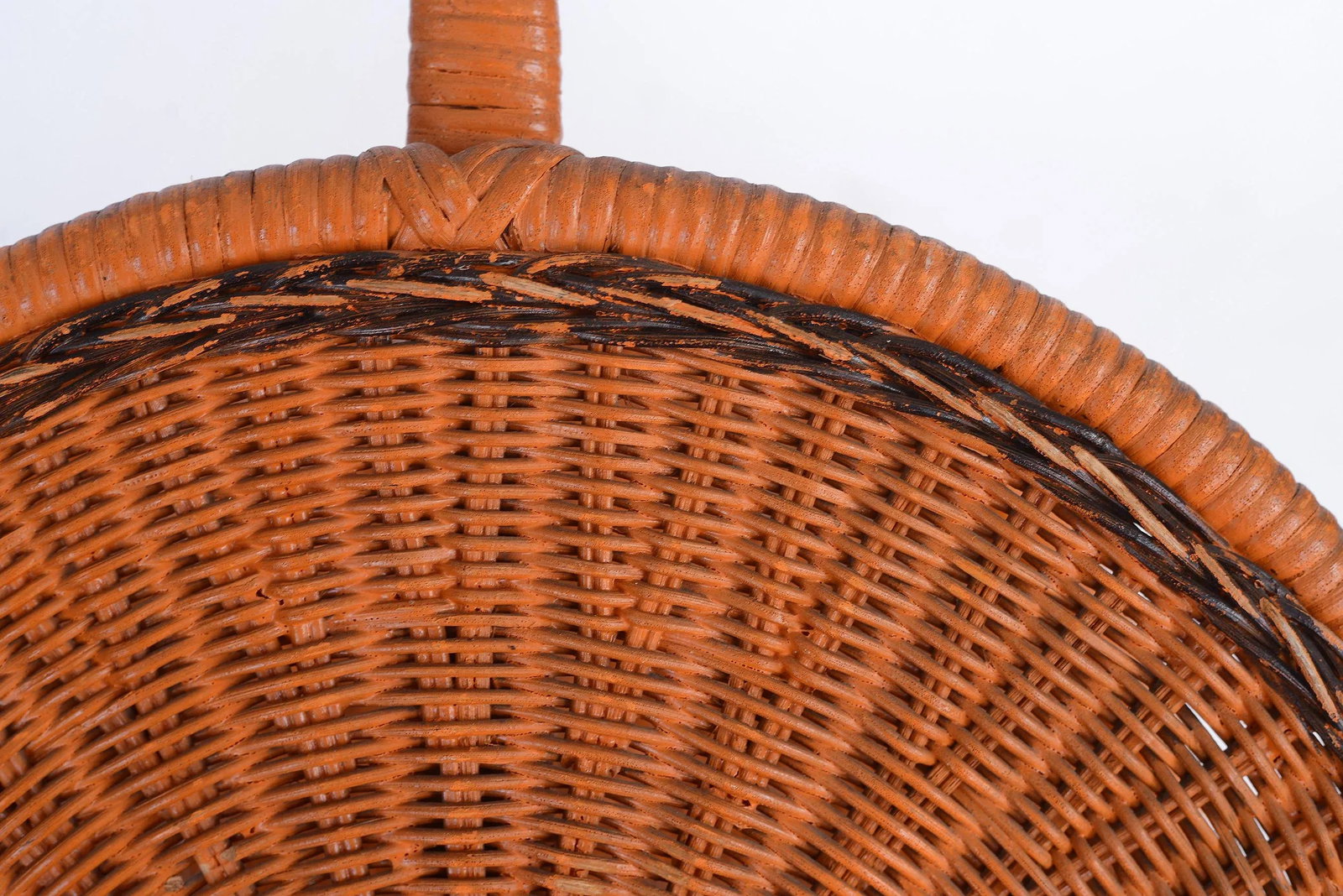 Vintage Mid-Century Boho Orange Bamboo & Wicker Basket With Handle - 12