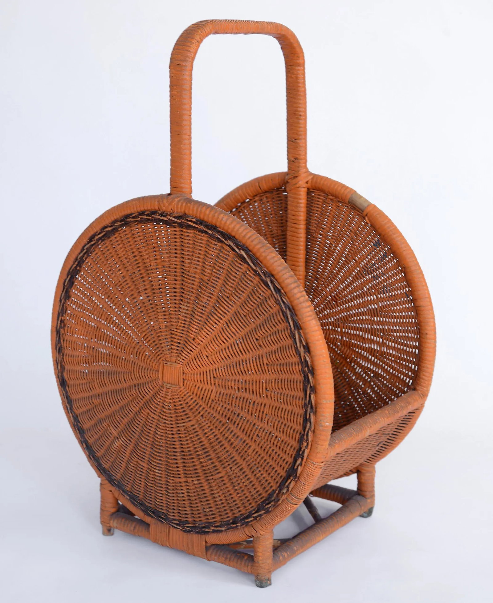 Vintage Mid-Century Boho Orange Bamboo & Wicker Basket With Handle - 13