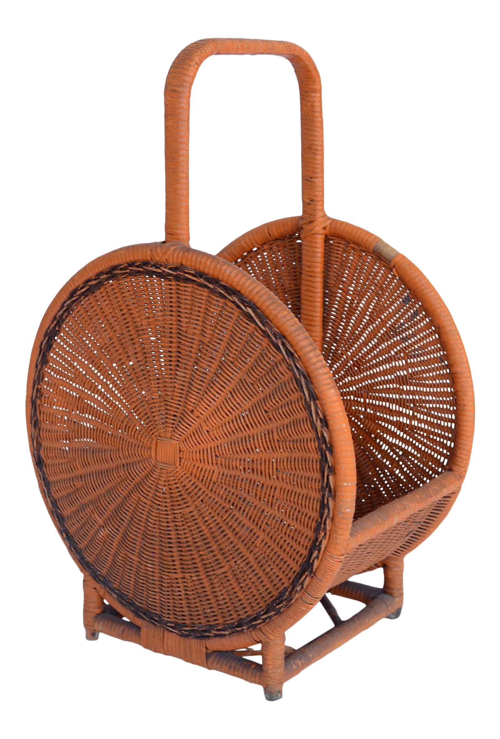 Vintage Mid-Century Boho Orange Bamboo & Wicker Basket With Handle: A rare and and very unique vintage orange basket/bin with a handle made of bamboo and woven wicker. Could be used as a magazine rack or for any kind of storage or simply as a standalone piece of decor