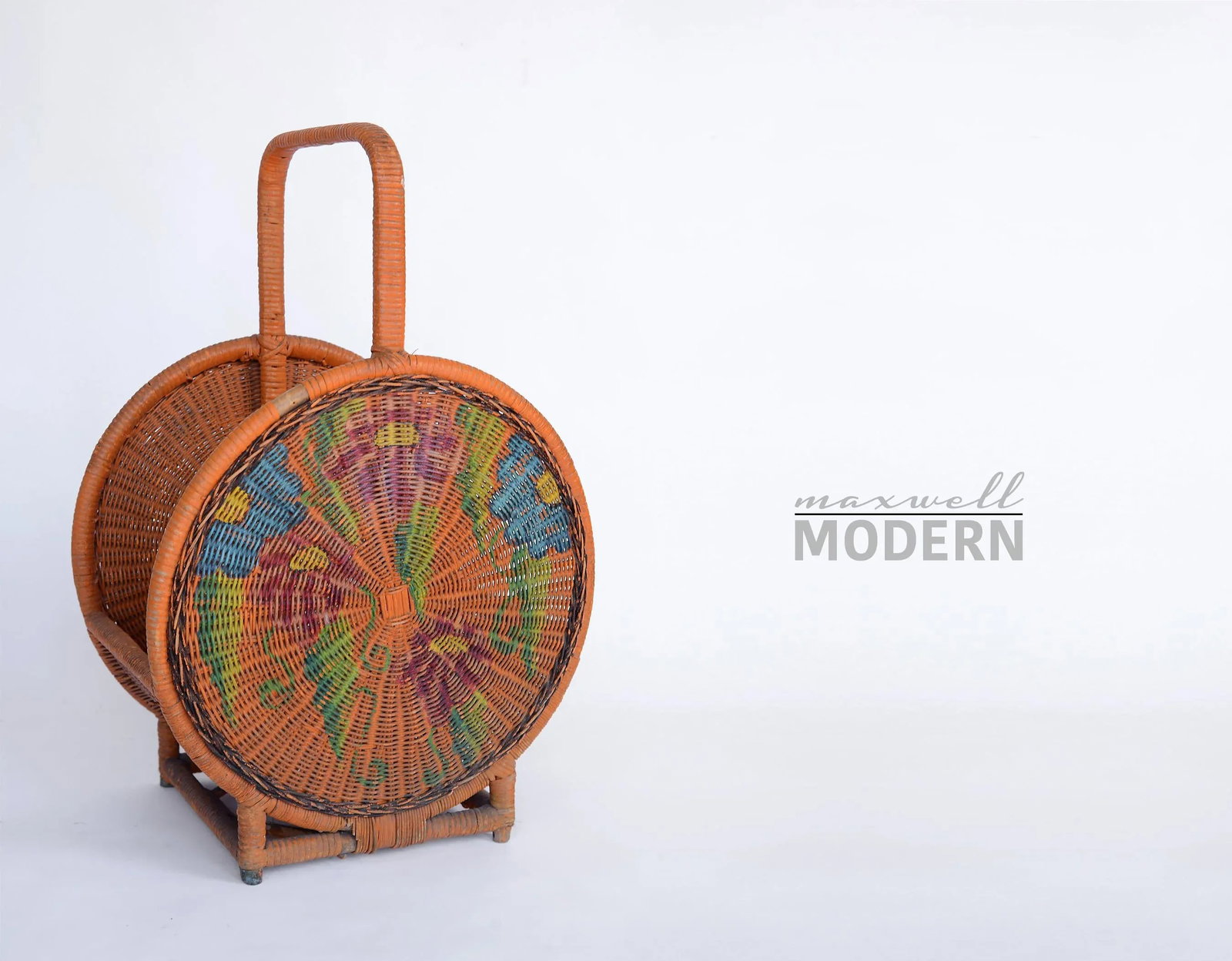Vintage Mid-Century Boho Orange Bamboo & Wicker Basket With Handle - 2