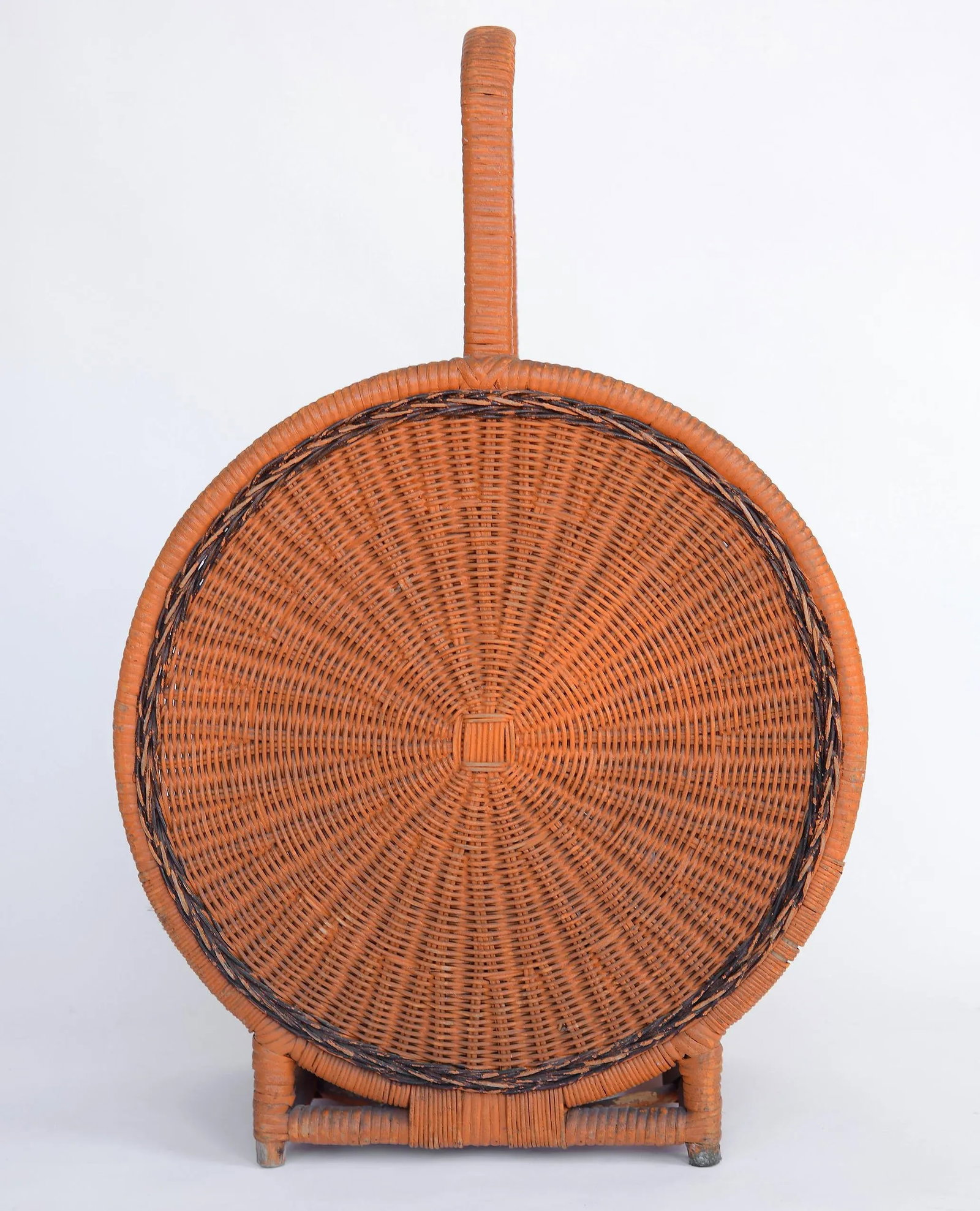Vintage Mid-Century Boho Orange Bamboo & Wicker Basket With Handle - 3