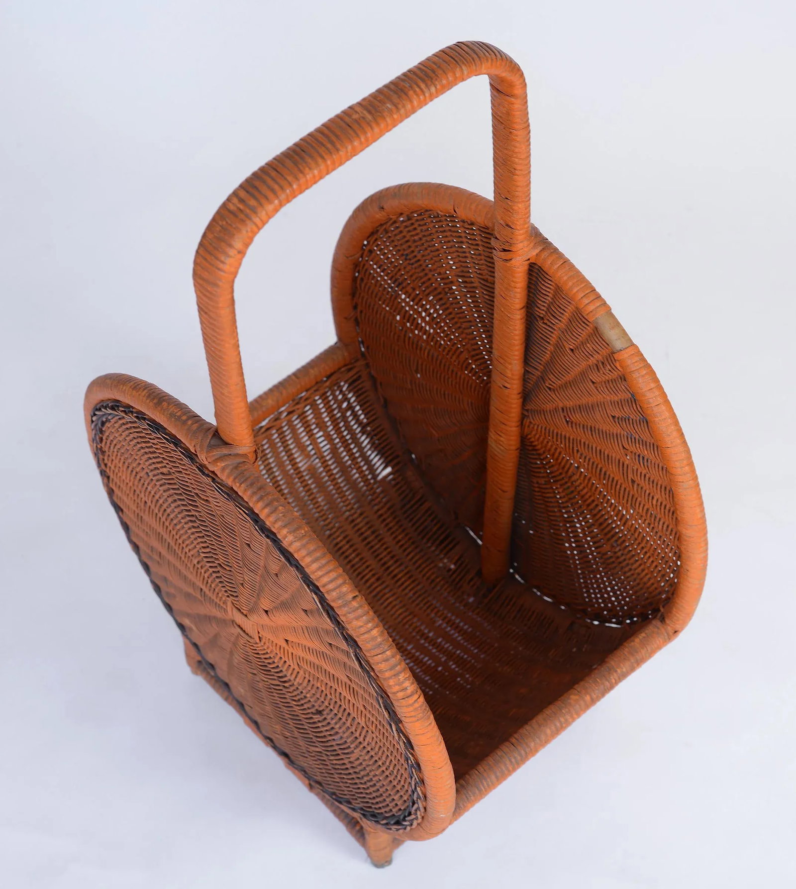 Vintage Mid-Century Boho Orange Bamboo & Wicker Basket With Handle - 5
