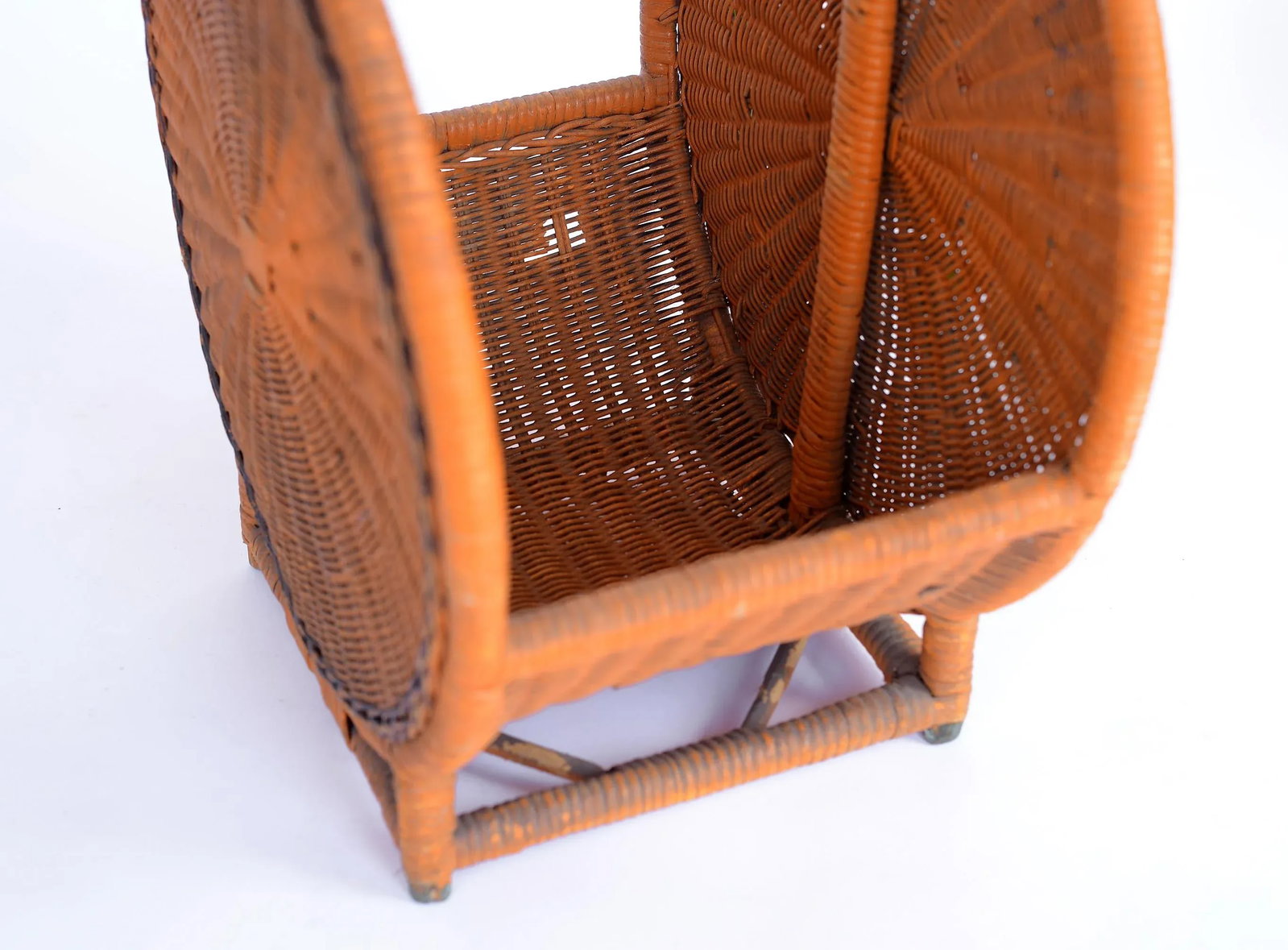 Vintage Mid-Century Boho Orange Bamboo & Wicker Basket With Handle - 6