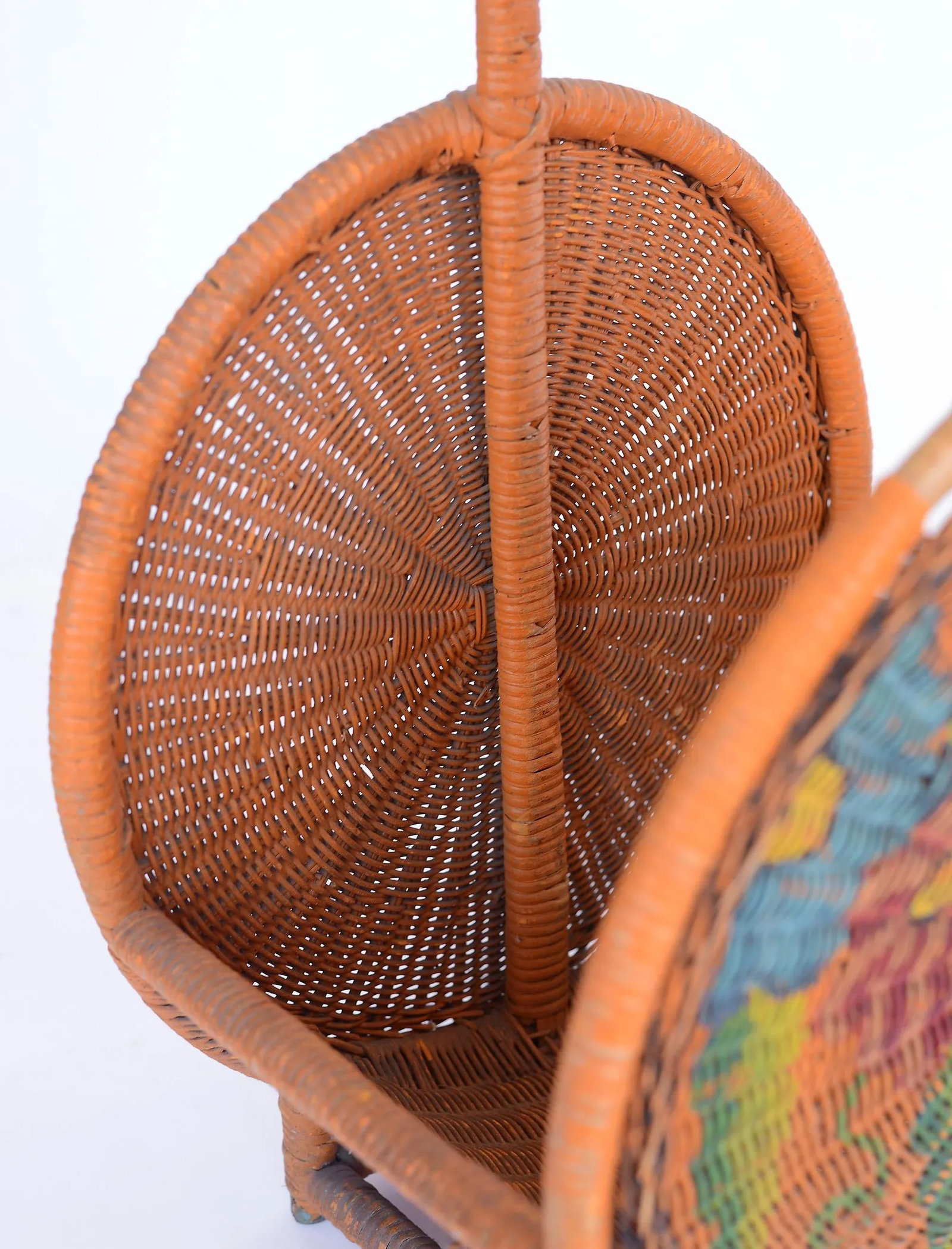 Vintage Mid-Century Boho Orange Bamboo & Wicker Basket With Handle - 7
