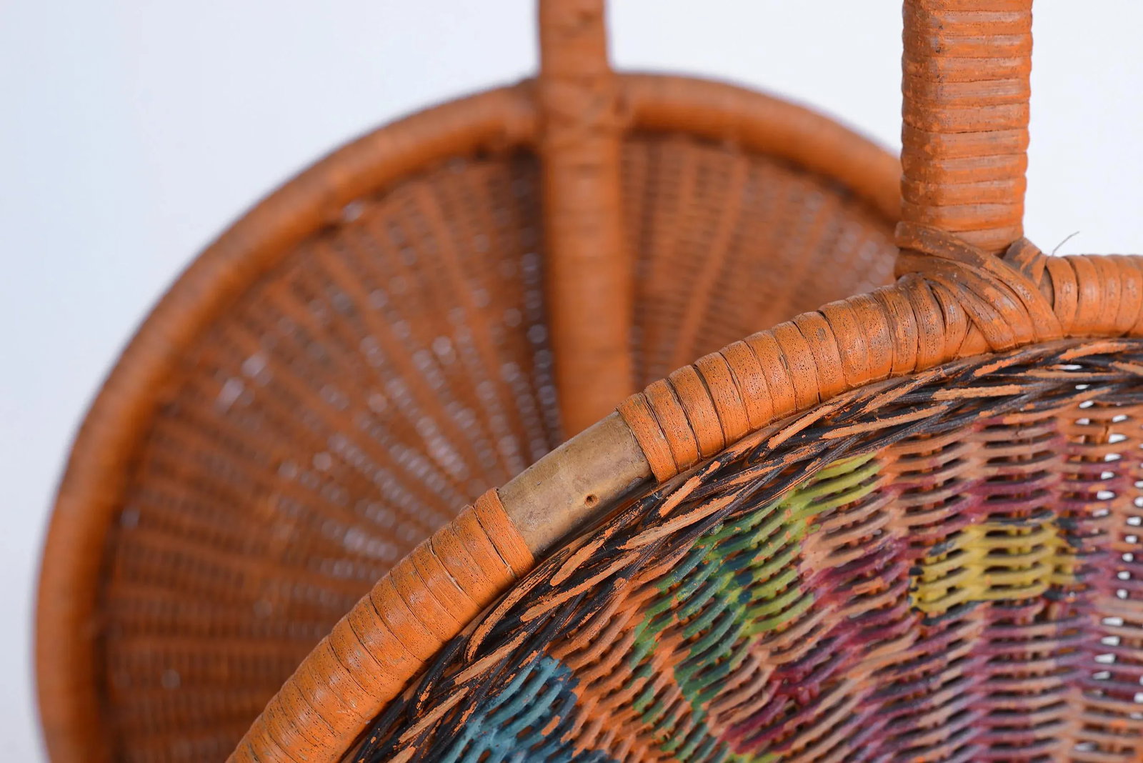 Vintage Mid-Century Boho Orange Bamboo & Wicker Basket With Handle - 8