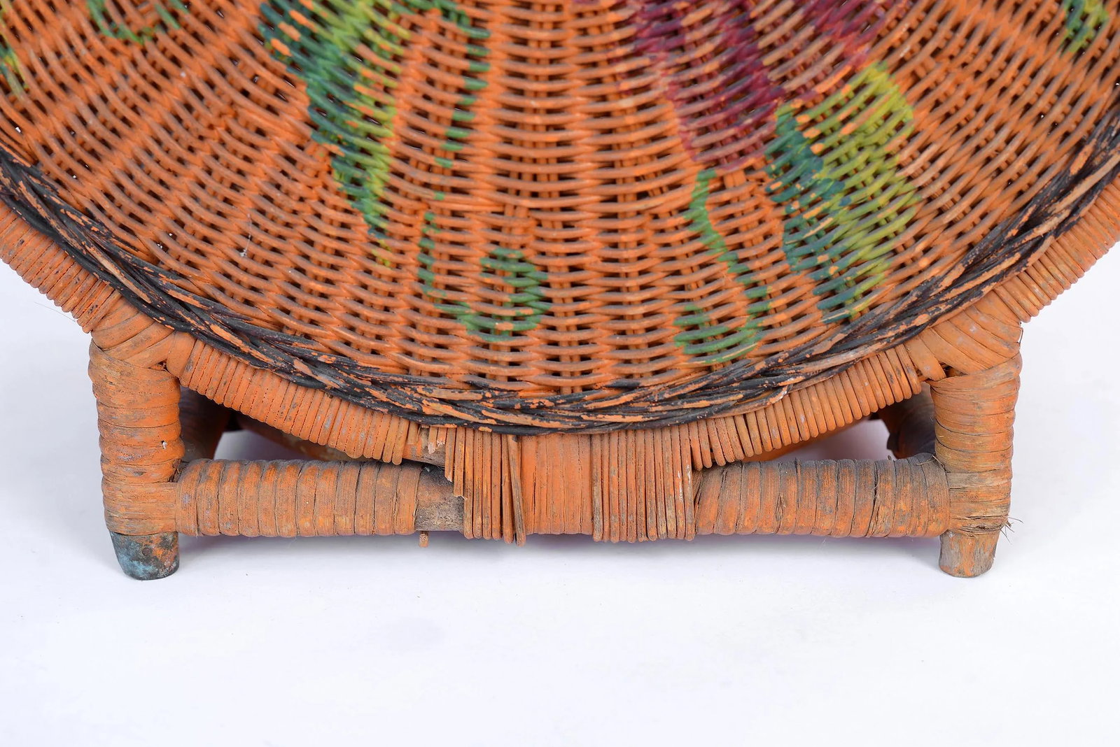 Vintage Mid-Century Boho Orange Bamboo & Wicker Basket With Handle - 9