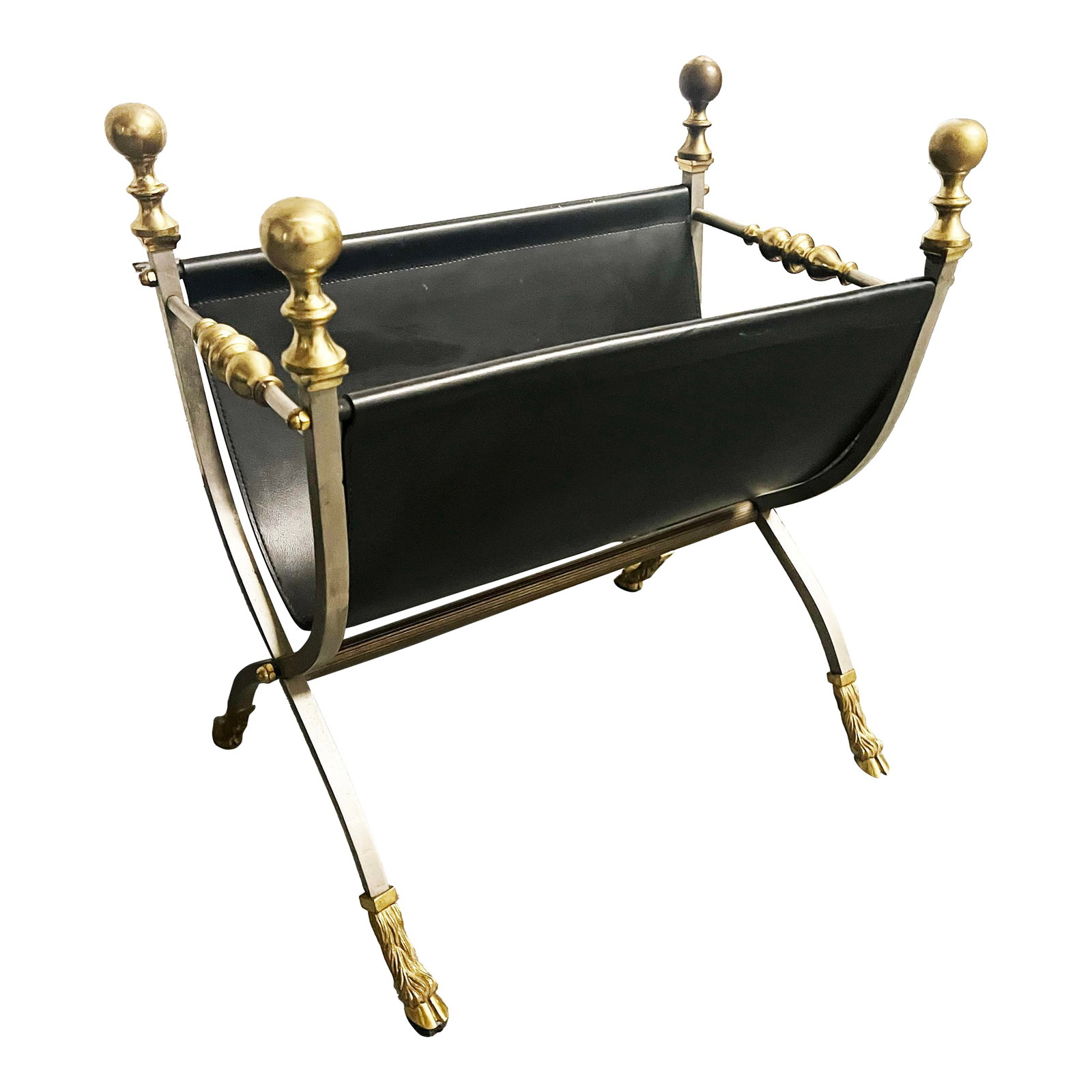 1970s Maison Jansen Style Steel & Leather Magazine Stand: Steel and Leather Maison Jansen style Magazine Stand with brass cloven hoof feet . Dimensions: Height: 20 in: Width: 18 in: Depth: 11 in .Great condition, circa 1970, Italy. ( Rubber pads applied to b