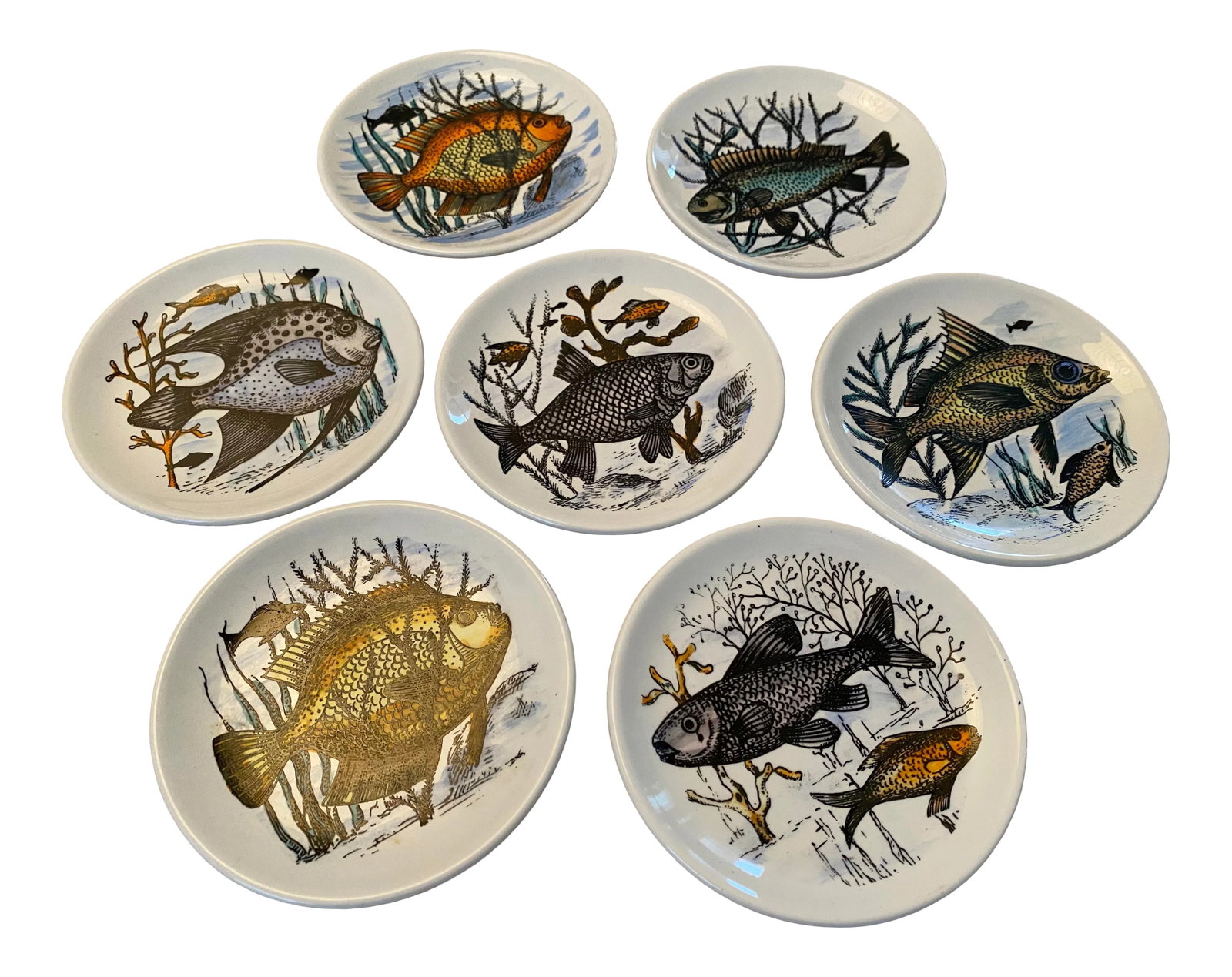 1950s Mid-Century Fish Coasters by Bucciarelli of Milano, Italy - Set of 7: Set of 7, Bucciarelli Milano Fish ceramic coasters, 1950s-1960s. Each coaster is decorated with a different Fish and Seaweed combination. Condition: Alterations: Original Condition Unaltered