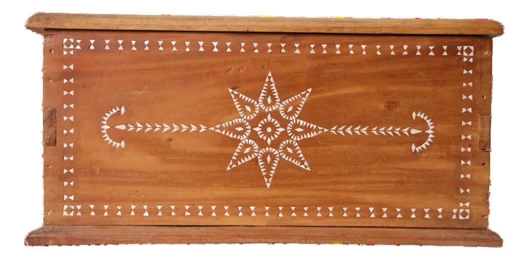 1900's North African Bone Inlaid Box (B): Circa early 1900s, this North African box features intricate bone inlay craftsmanship, showcasing traditional patterns and detailed artistry. A beautiful decorative piece, it reflects the rich