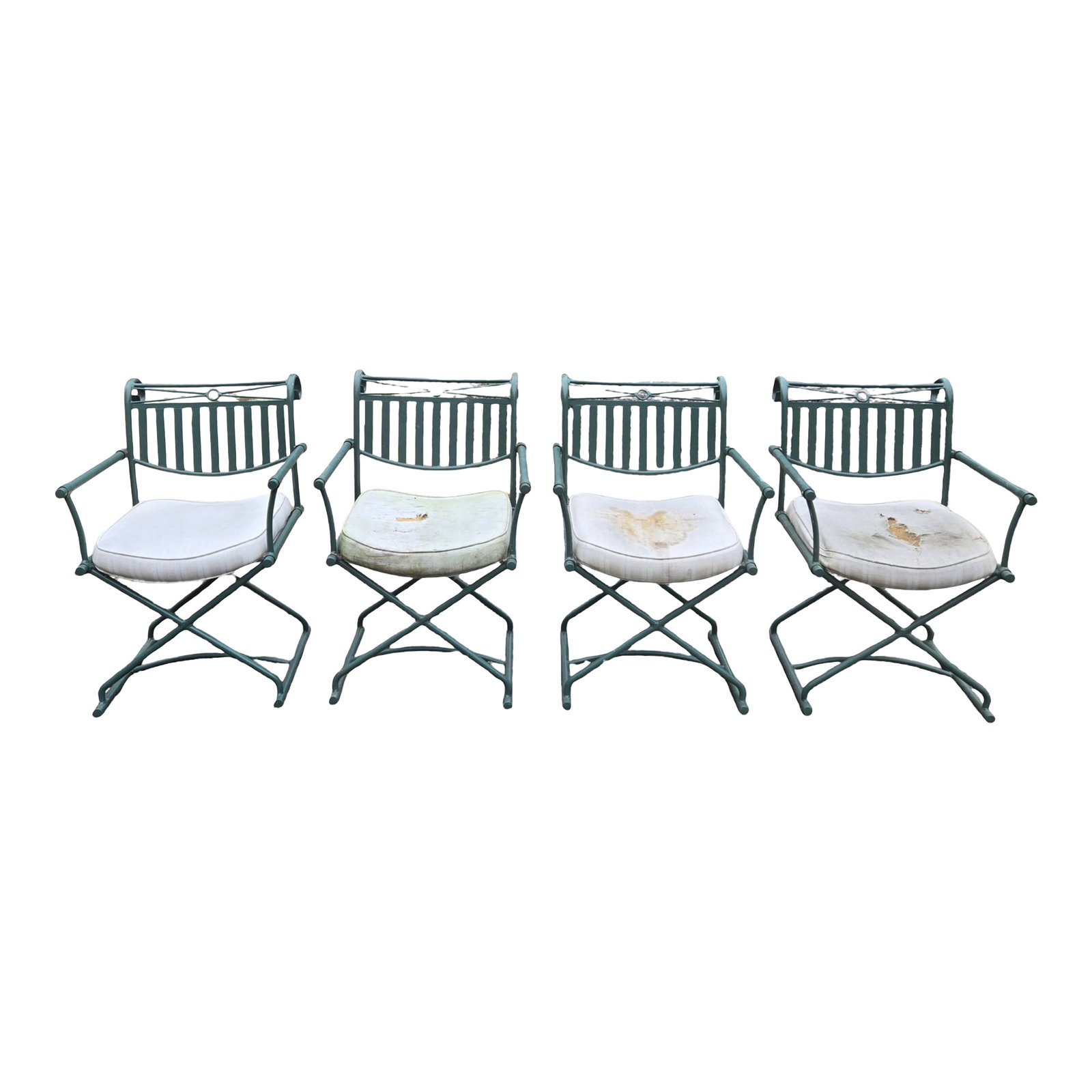 Late 20th Century Wrought Iron Directors Chairs - Set of 4: Wrought Iron Directors Chairs This Set of 4 Wrought Iron Outdoor Dining Chairs is made to last the most severe weather elements. Each chair is tructurally sound and green in color. Easily remove seats