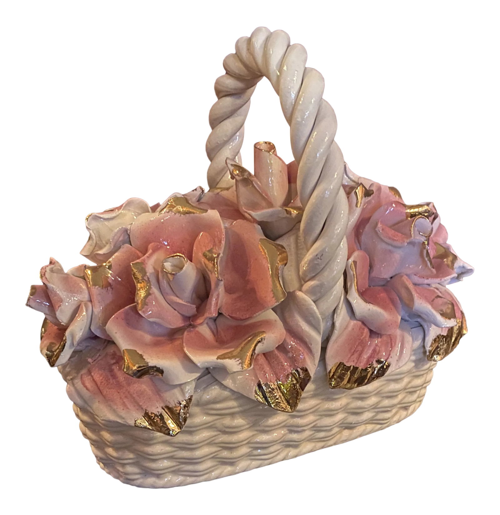 Italy Pink Roses Basket: Capodimonte Basket of Pink Roses with Gold Trim Condition: Alterations: Original Condition Unaltered Imperfections: Some Imperfections Condition Notes: Beautiful Shape Materials & Techniques: Gold