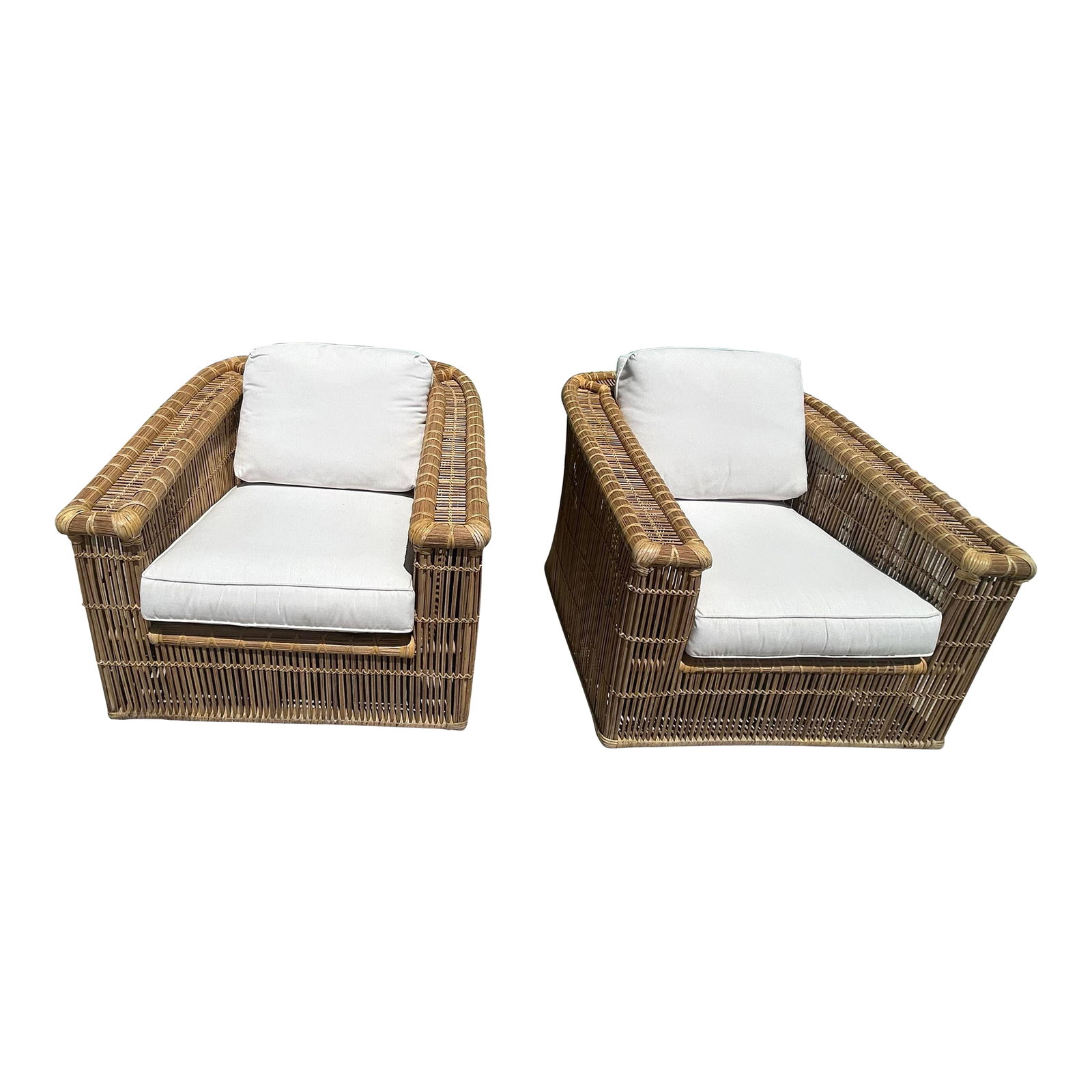 1970s McGuire San Francisco Stick Reed Lounge Chairs - Set of 2: This is a pair of stylish deep lounge chairs made of stick reed(or called split reed), wicker and rattan elements, by McGuire San Francisco. Features: -Luxury vineyard inspired look -Amazing