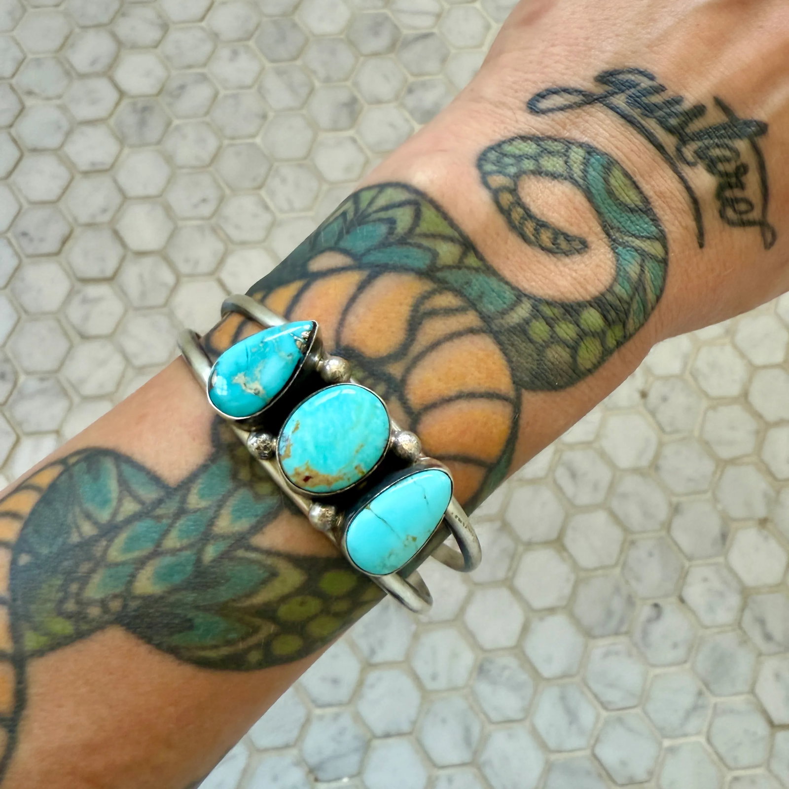 Navajo Sterling Silver Kingman Turquoise Bracelet Cuff by Augustine Largo - 2