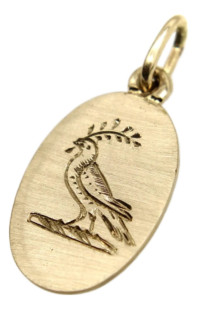 14k Gold Signature Hand Engraved Bird of Peace Pendant: The inspiration for this piece came from a pair of Victorian cufflinks that had the image of a bird holding an olive branch. We found this image so touching that we wanted to make our own, and worked