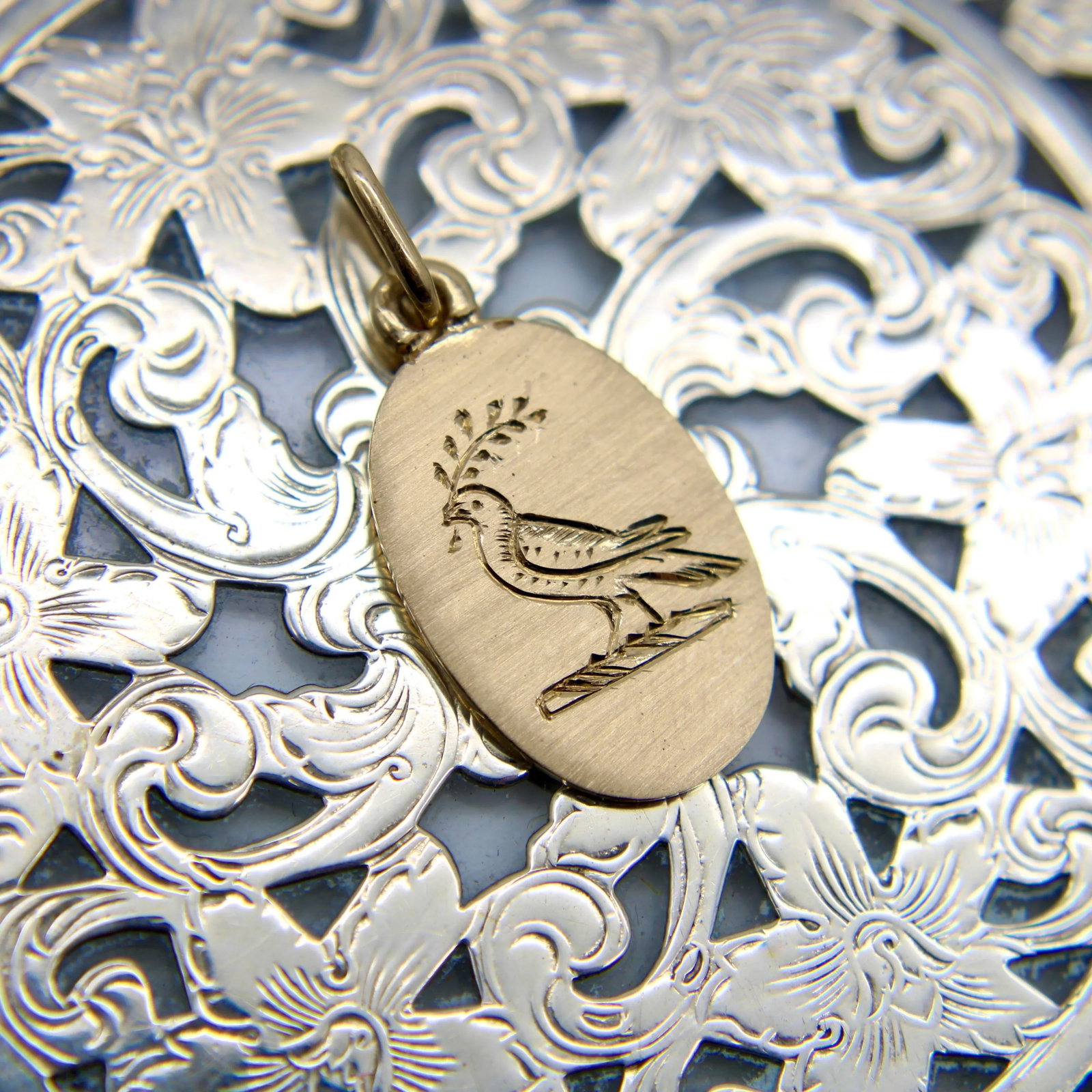 14k Gold Signature Hand Engraved Bird of Peace Pendant - 3