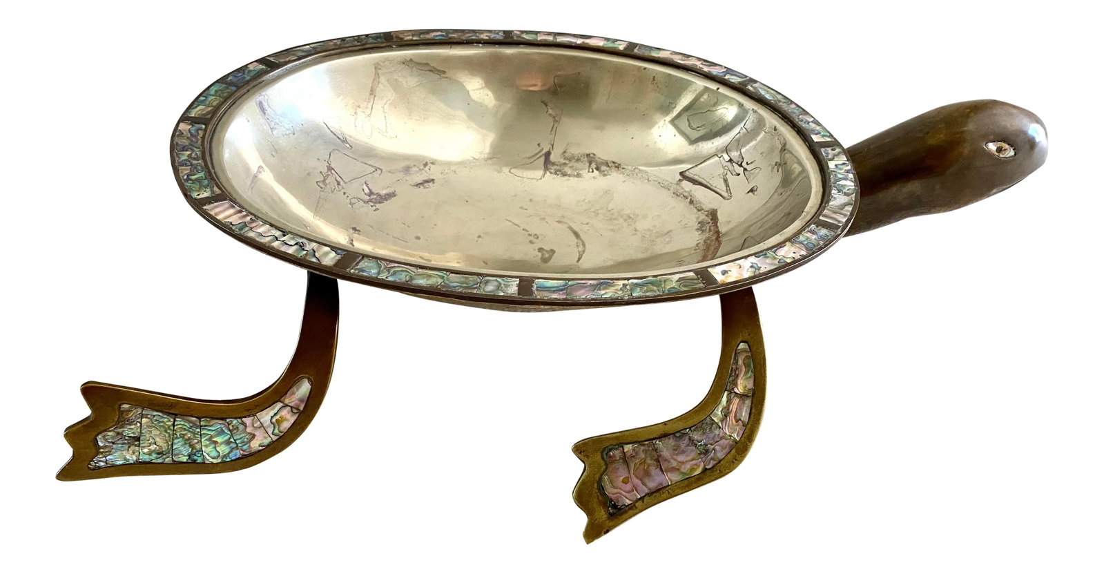 Los Castillo Large Mid Century Abalone and Copper Turtle: Large Los Castillo Copper over silver Turtle. Abalone decorates all around the body of the turtle, on the legs and eyes. Really cool piece! Condition: Alterations: Original Condition Unaltered
