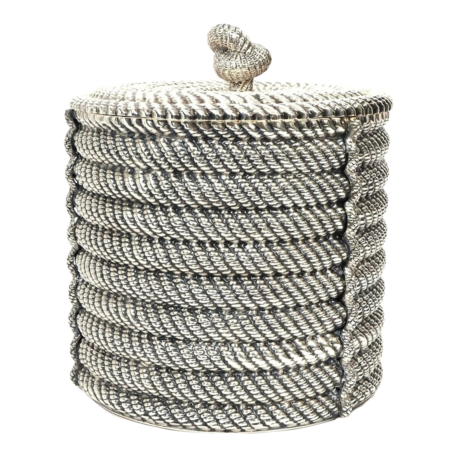 Valenti Coiled Rope Design Ice Bucket W'tongs: Coiled rope ice bucket made by Valenti. Silverplate. Includes matching tongs. All Marked. Heavy and substantial pieces. Insulated interior. Condition: Alterations: Original Condition Unaltered
