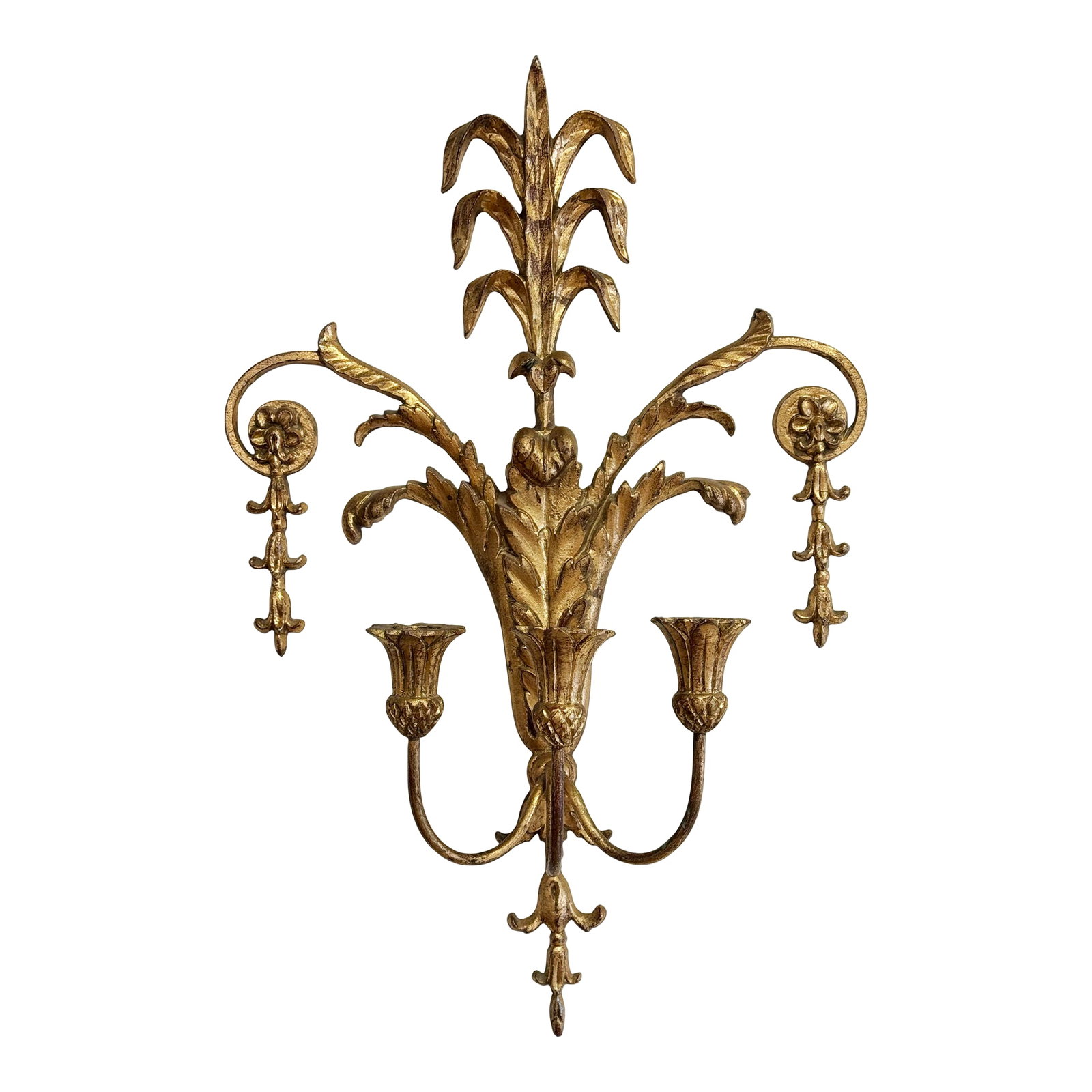Vintage Italian Gilt Candle Wall Sconce: Large vintage Italian gold gilt candle wall sconce featuring intricate sheaf of wheat flourish design to metal body with three carved wood candlestick holders for taper candles. Age wear. Condition:
