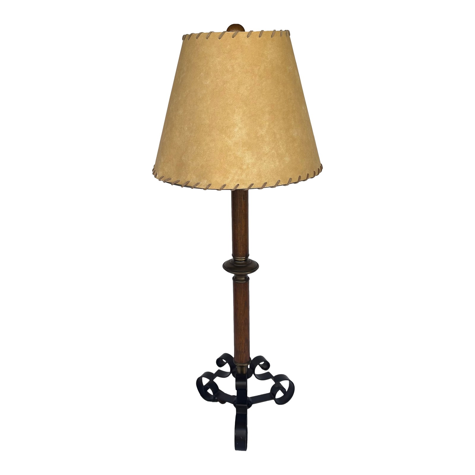Vintage Spanish Colonial Style Wrought Iron and Wood Pillar Lamp: This handsome tall pillar table lamp is a wonderful example of California chic Spanish Revival style with a wrought iron tripod base and wood and brass body. Topped off with a custom whipstitched