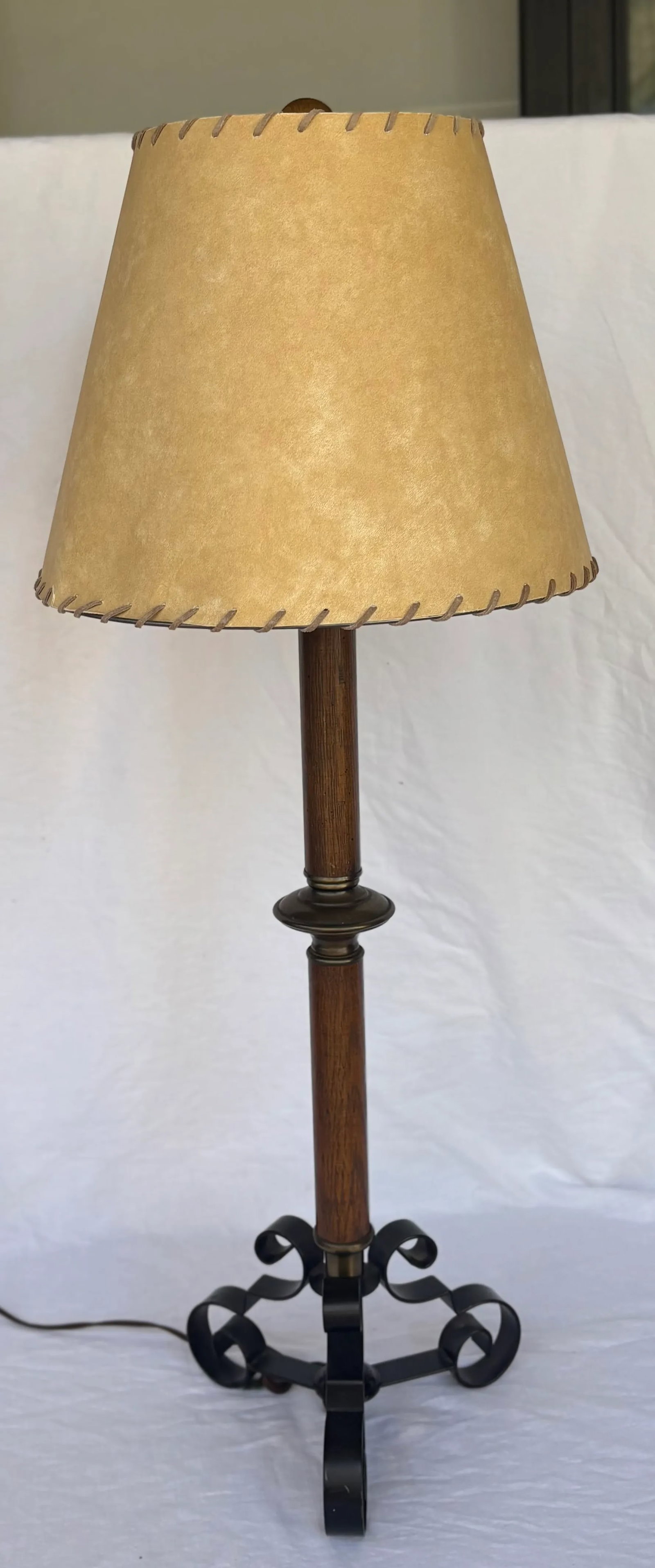 Vintage Spanish Colonial Style Wrought Iron and Wood Pillar Lamp - 2