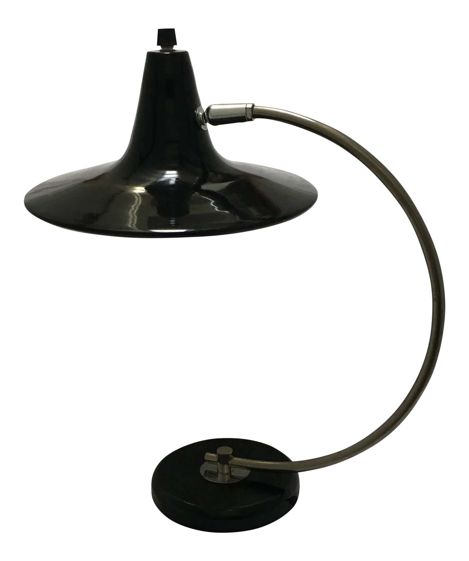 Bauhaus Design Desk Table Lamp: This Mid-Century American made desk lamp has a great Bauhaus design or Industrial look. One ball joint at the top ensures that the shade can be swiveled. The on and off switch is located on the top