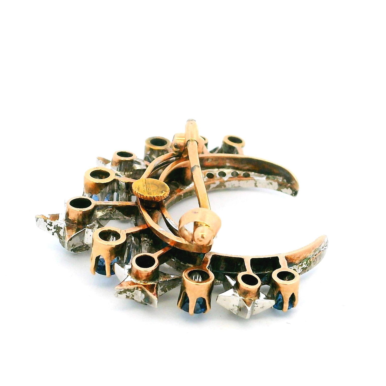 Victorian Diamond & Sapphire Crescent Moon Brooch in 18K Gold and Platinum - 11