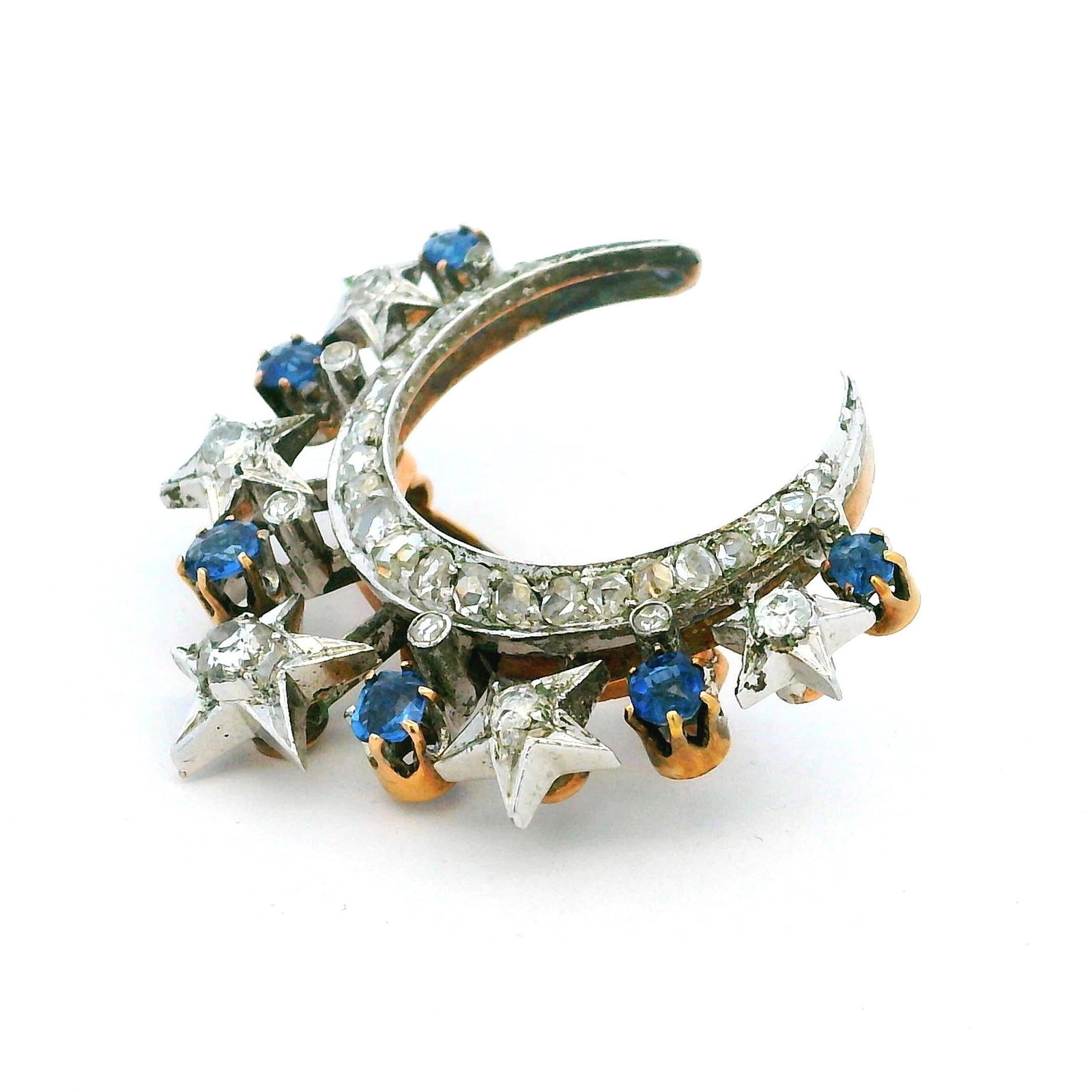 Victorian Diamond & Sapphire Crescent Moon Brooch in 18K Gold and Platinum - 12